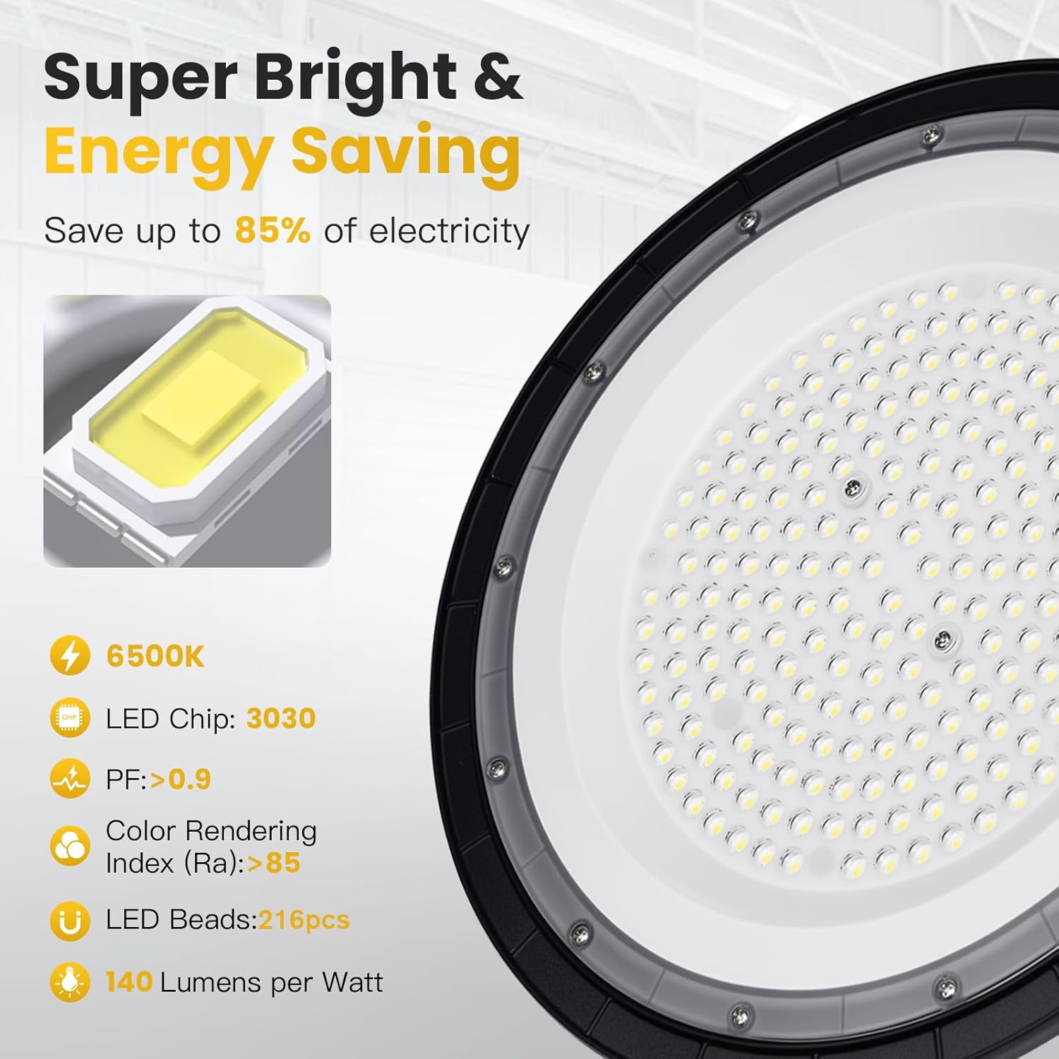 Advwin High Bay Lights 6500K 21000LM, LED Shop Light Lamp 1 Pack with Hook/Chain, IP 65 Waterproof, for Factory Warehouse Workshop Factory Store Garage Gym Industrial Shed image number 4