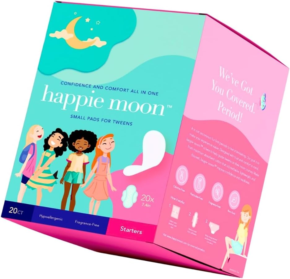 Happie Moon Tween Pads | Small 100% Cotton First Period Pads for Tweens and Teens | Ultra Thin Pads with Wings | Zero Chlorine, Bleach, Dyes and Fragrance | Teen Pads, 20 Count image number 4