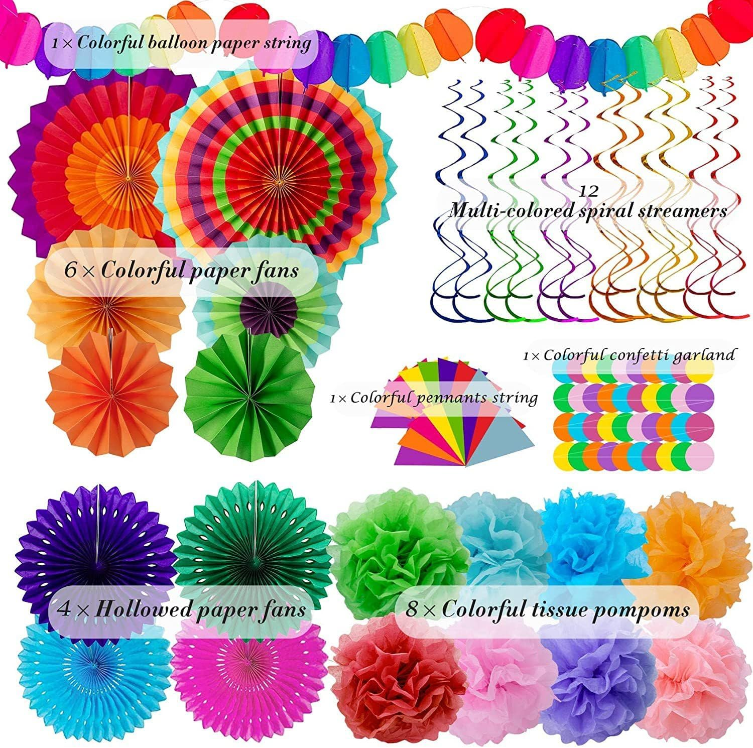 Party Decoration Set-33 Pcs! Colorful Mexican Inspired Hanging Paper Fans,Garlands String Polka Dot，Triangle Bunting Flags & Tissue Streamers - Ideal for Birthdays, Festivals & Parties image number 4