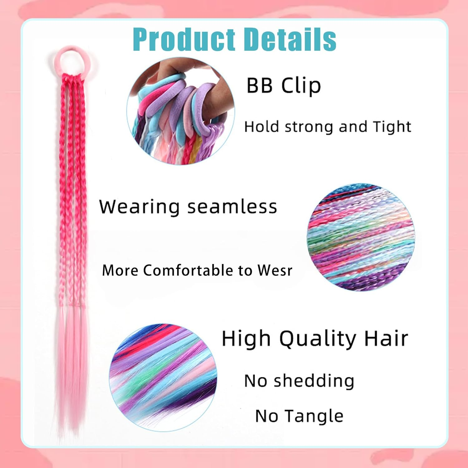 SSKHE 12 Pieces Rainbow Hair Extensions for Girls,Hair Accessories for Kids,Coloured Extensions for Braiding for Birthday Parties, Cosplay Shows, Halloween, Christmas. image number 5