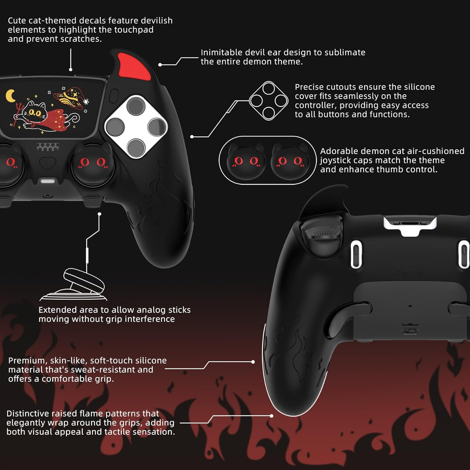 Playvital Cute Demon Silicone Case for Ps5 Edge Controller, Kawaii Controller Cover Skin Gamepad Protector for Ps5 Edge Accessories with Touch Pad Sticker & Thumb Grip Caps - Black image number 5