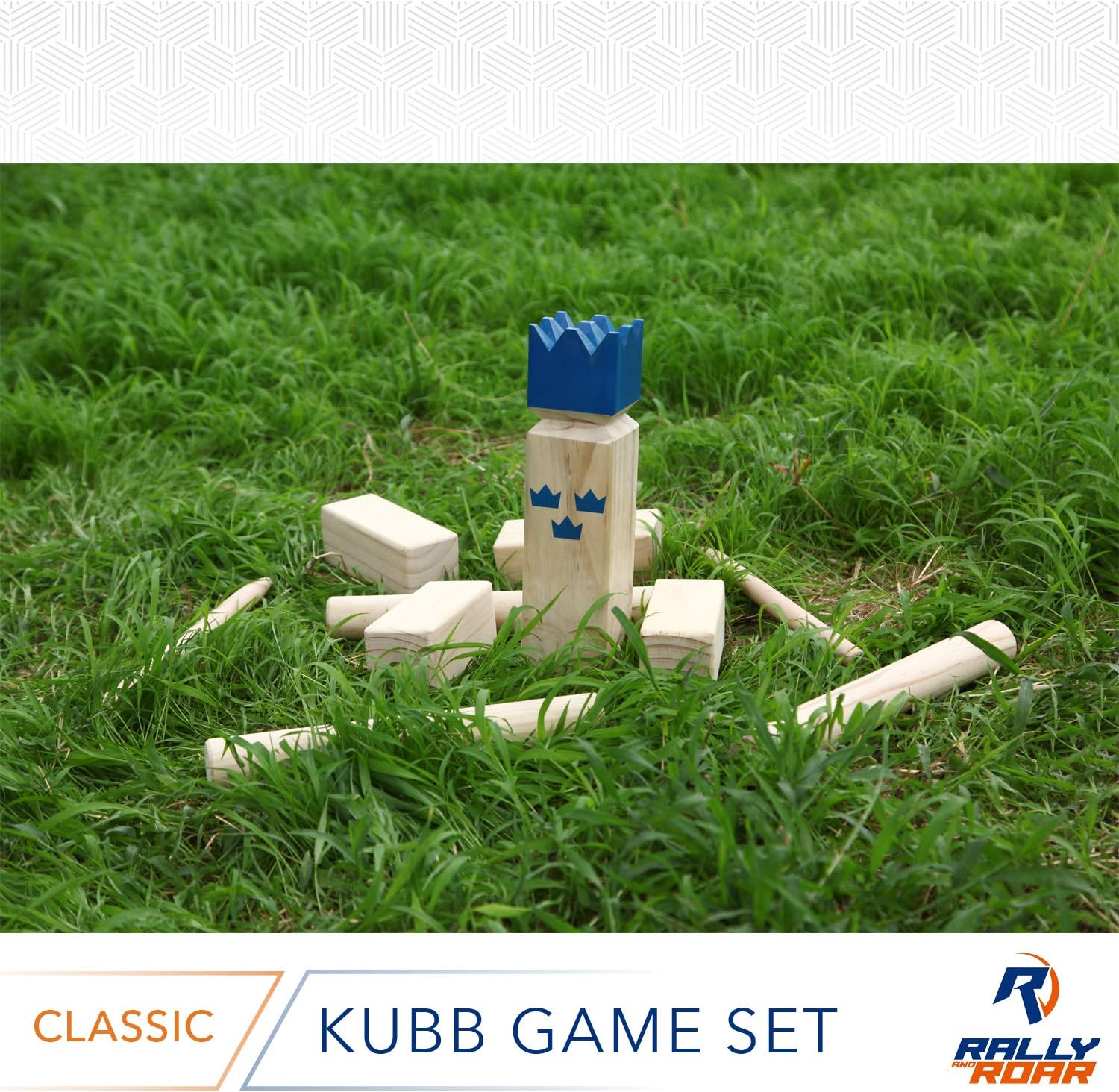 Kubb Game Set Classic or Tournament Size by Rally & Roar - Fun, Interactive Outdoor Family Yard Games - Durable Hardwood Blocks with Travel Bag - for Outside, Lawn, Bars, Backyards&ndash;Families, All Ages