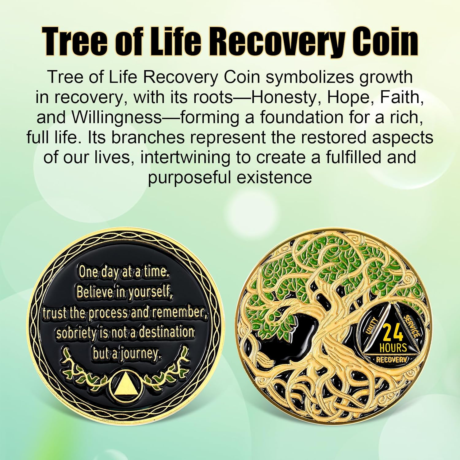 Ferreve Sobriety Coin Recovery Anniversary Token Sobriety Gifts AA Chips and Medallions for Women Men(Green,24 Hour) image number 4