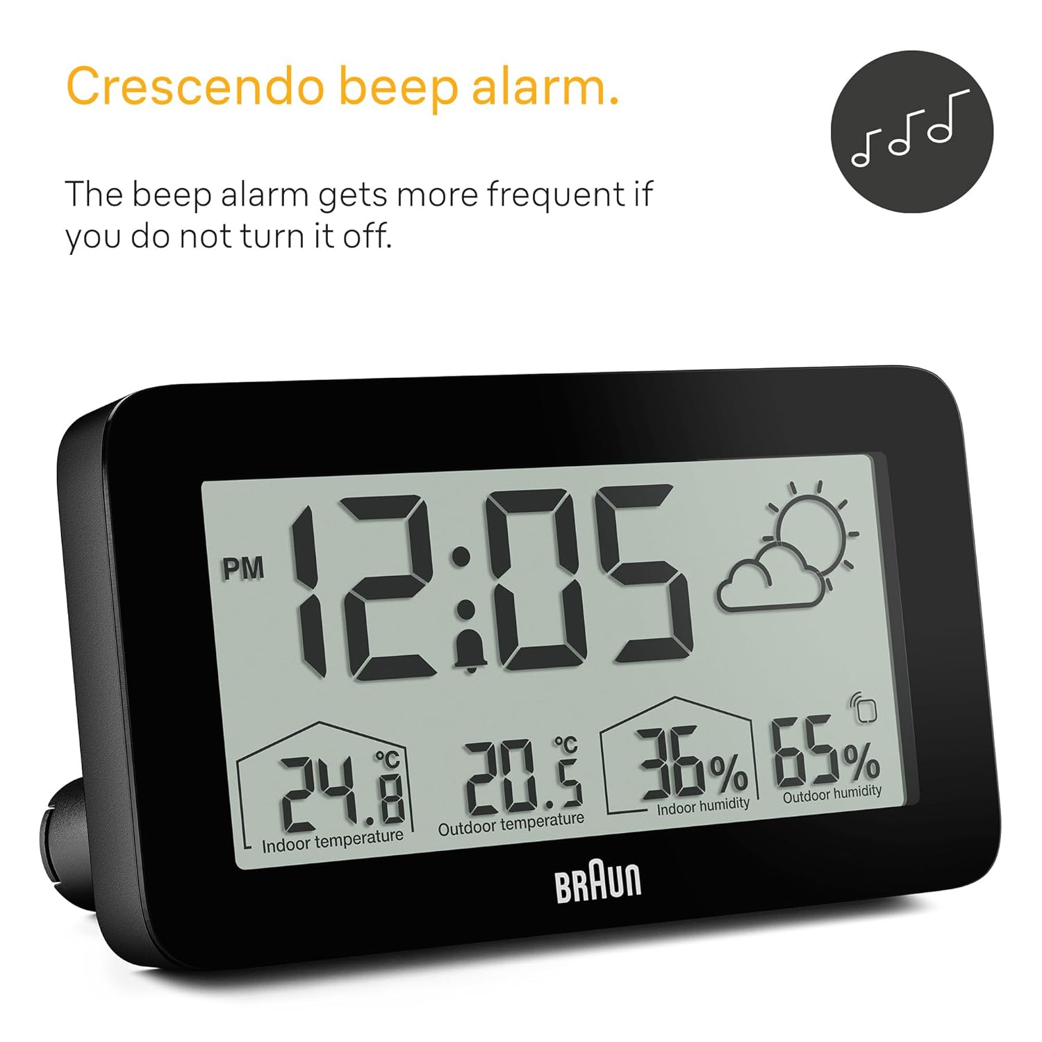Braun Digital Weather Station Clock with Indoor and Outdoor Temperature and Humidity, Forecast, LCD Display, Quick-Set, Crescendo Beep Alarm in Black, Model BC13BP. image number 3