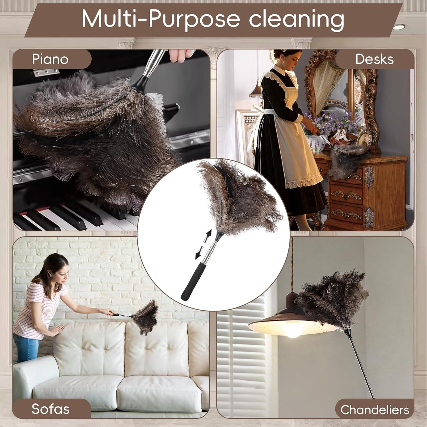 Extendable Ostrich Feather Duster - 40 Inches Fluffy Long Handle Reusable Feather Duster for Cleaning Ceiling Fan,Pendant Lamp, High Ceiling, Blinds, Furniture image number 5