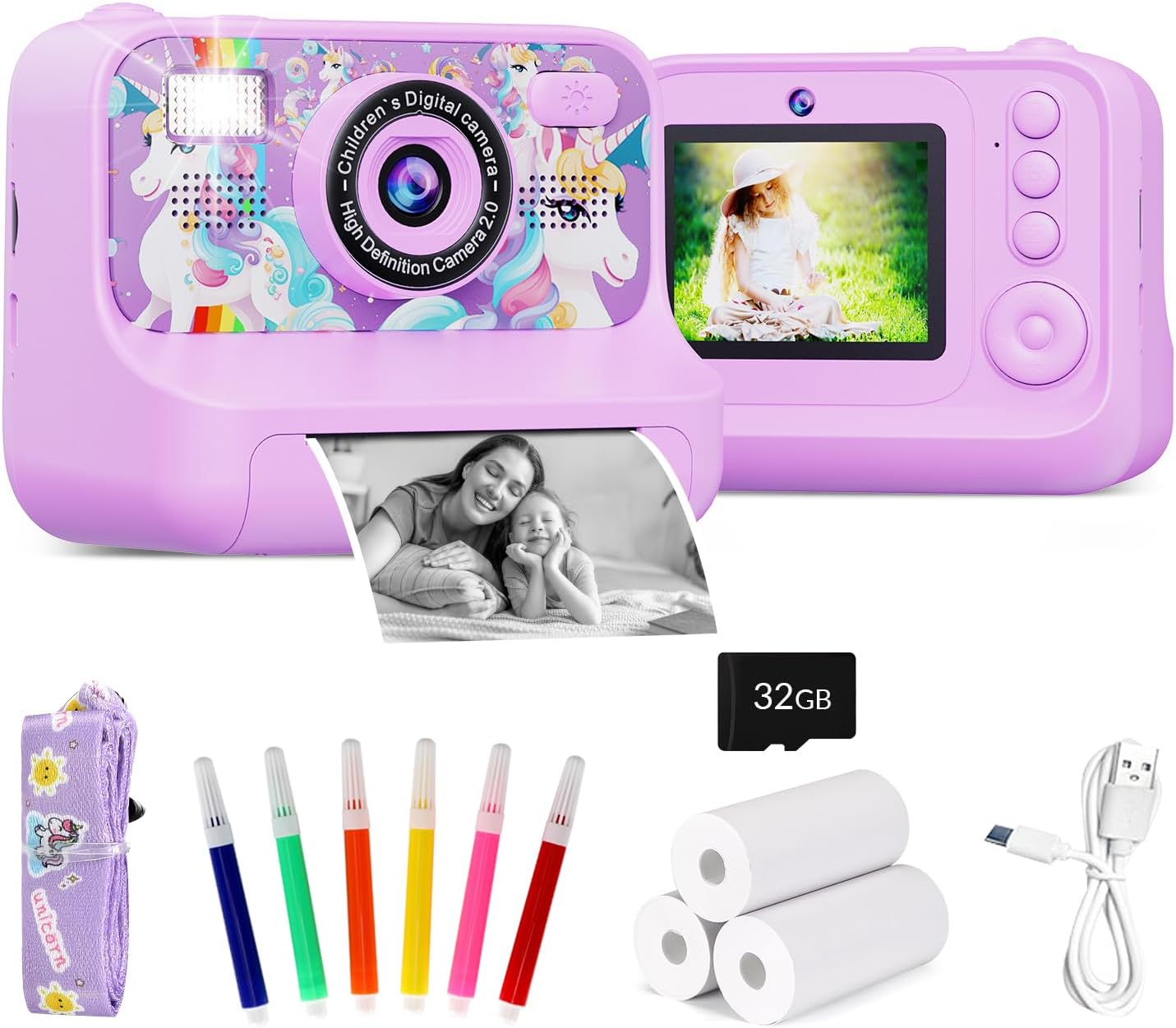 Slowton Instant Print Camera for Kids, 1080P 2.4 Inch Screen Kids Instant Cameras with 32GB TF Card and Flash Lights, Portable HD Kids Digital Video Cameras Toddler Camera Toys for Girls Boys Age 3-12 image number 4