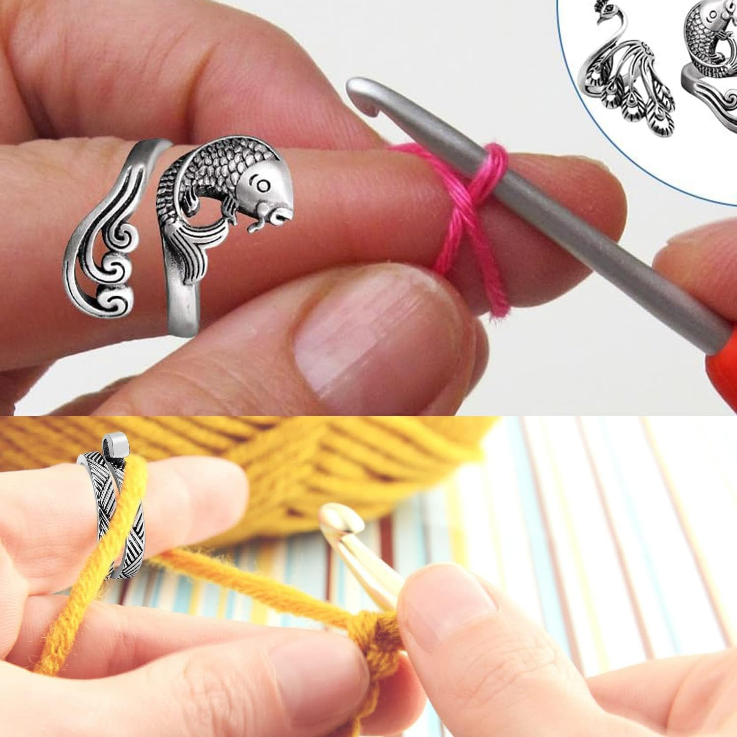 4Pcs Knitting Crochet Loop,With Animal Shape Open Finger Ring,Adjustable Knitting Crochet Loop Ring,Finger Yarn Guide,With Animal Shape Open Finger Ring image number 3