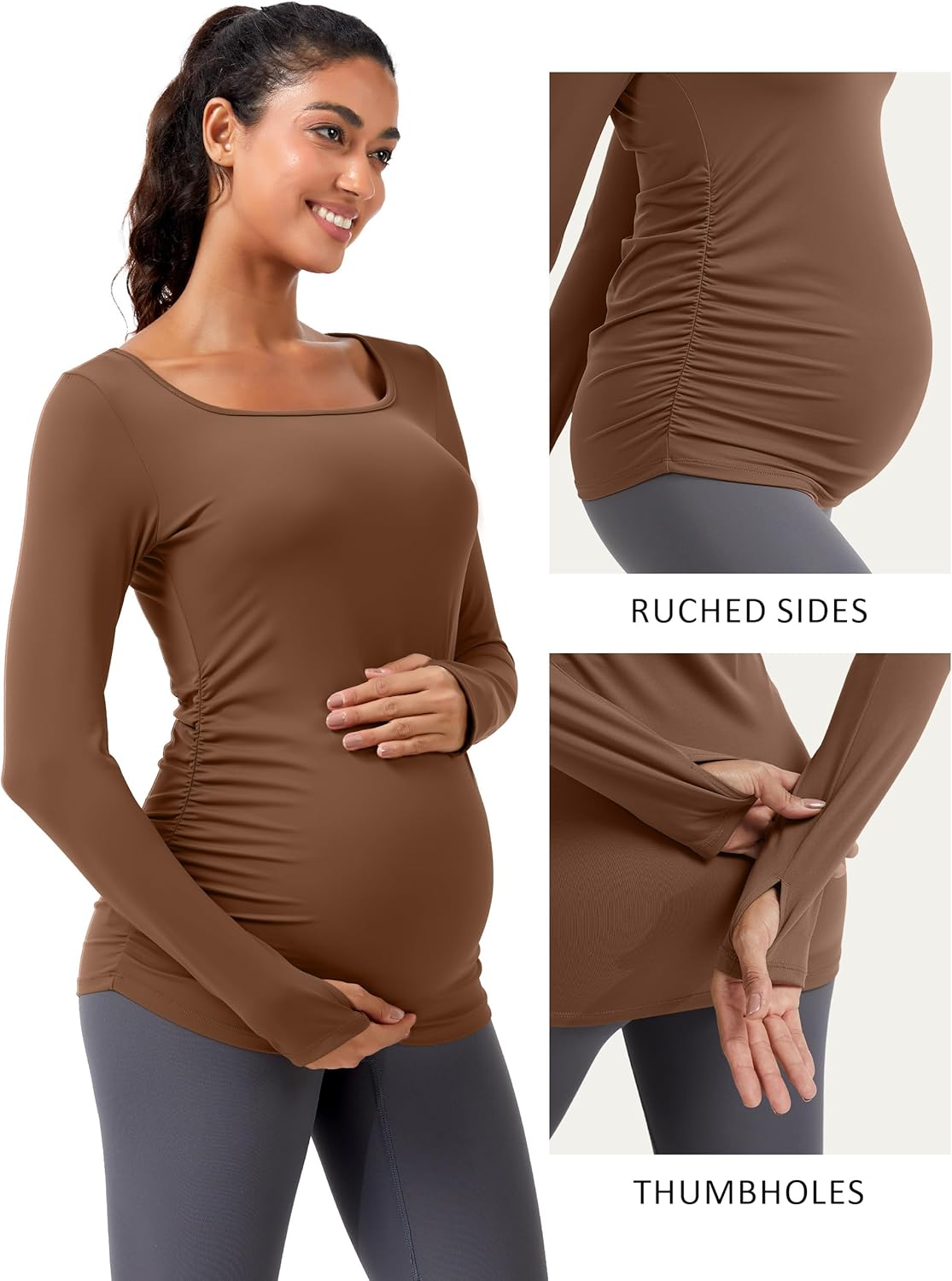 Mathcat Women'S Maternity Shirts, Long Sleeve Squar Neck Side Ruched Pregnancy Workout Tops with Thumbholes Altheltic Tee image number 2