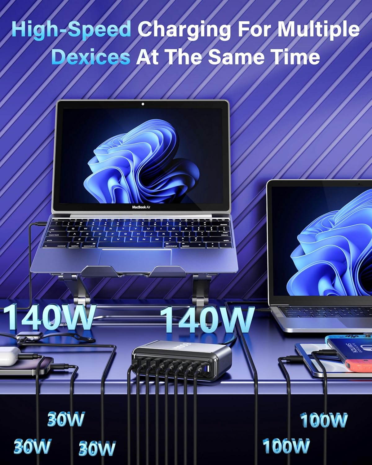 YESDEX 600W USB-C Charging Station - 140W USB C Charger, 100W USBC Gan Laptop Charger, 8-Port Multi Fast Charger Dock Compatible with Macbook Pro, Ipad, Iphone 16 Pro Max/15, Samsung Galaxy, Dell image number 4