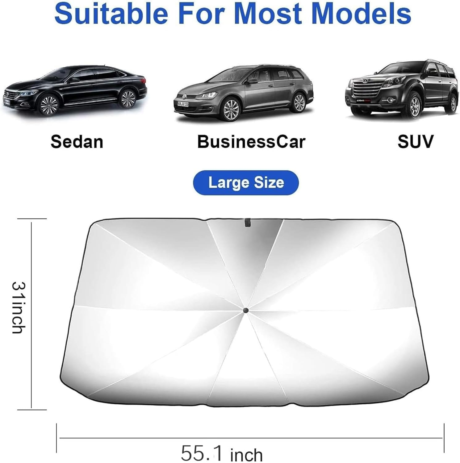 Sulfar Car Sun Shade,For Car Front Windshield, Car Umbrella Sun Shade Cover, Foldable UV Reflector and Heat, Sunshade for Cars, Fits Most Vans SUVS (57 X 31 In) image number 3