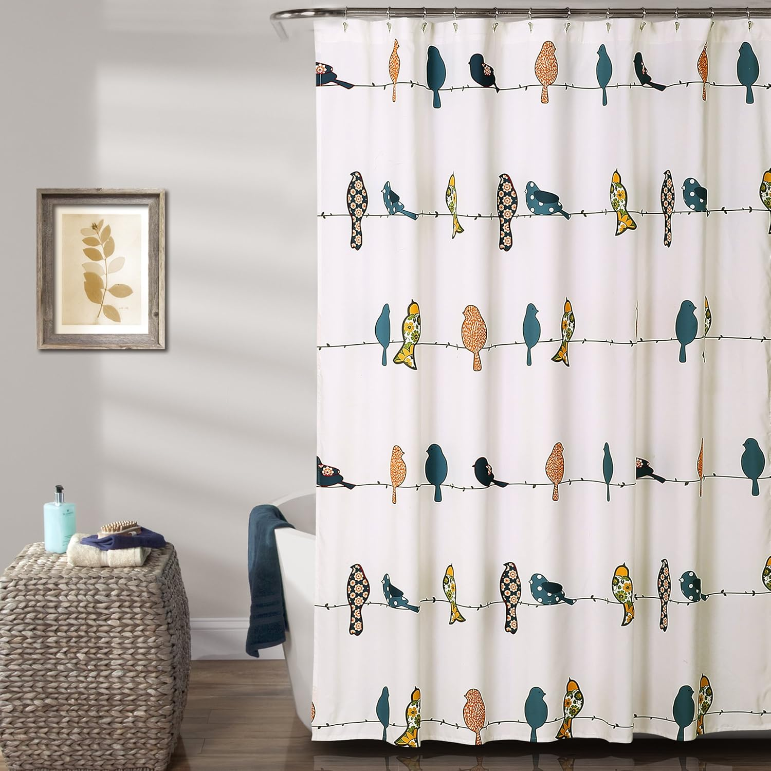 Lush Decor Rowley Birds Shower Curtain, 72&rdquo; W X 72&rdquo; L, Blue & Gray - Colorful Floral Bird Pattern - Whimsical & Playful Bird Shower Curtain - Farmhouse, Coastal, & Boho Bathroom Decor