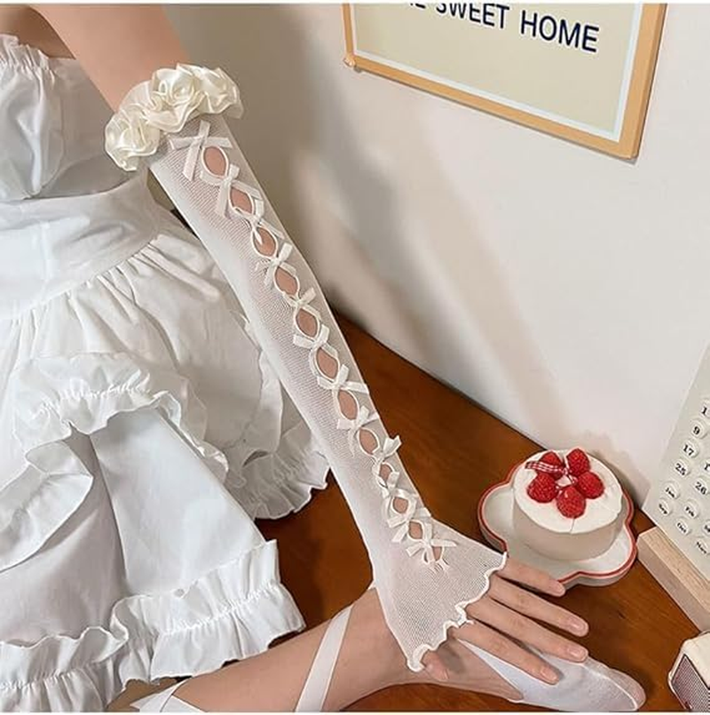 Mesh Ruffles Lace Fingerless Gloves Gothic Long Stretchy Bow Mesh Tulle Sheer Bridal Prom Princess Wrist Arm Sleeves for Women Halloween Cosplay Party Dress Accessories image number 3