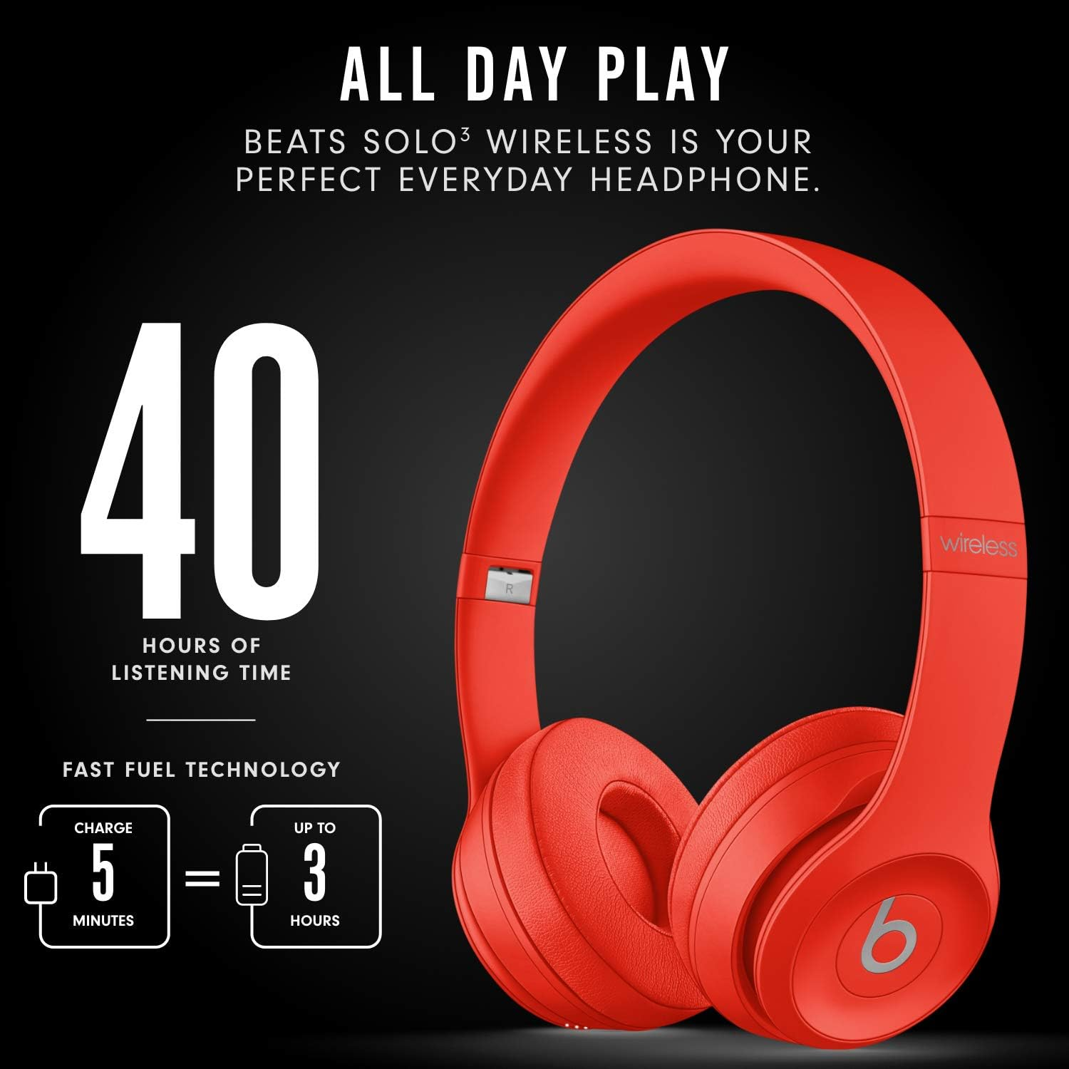 Beats Solo3 Wireless On-Ear Headphones - Apple W1 Headphone Chip, Class 1 Bluetooth, 40 Hours of Listening Time - Red (Latest Model) image number 2
