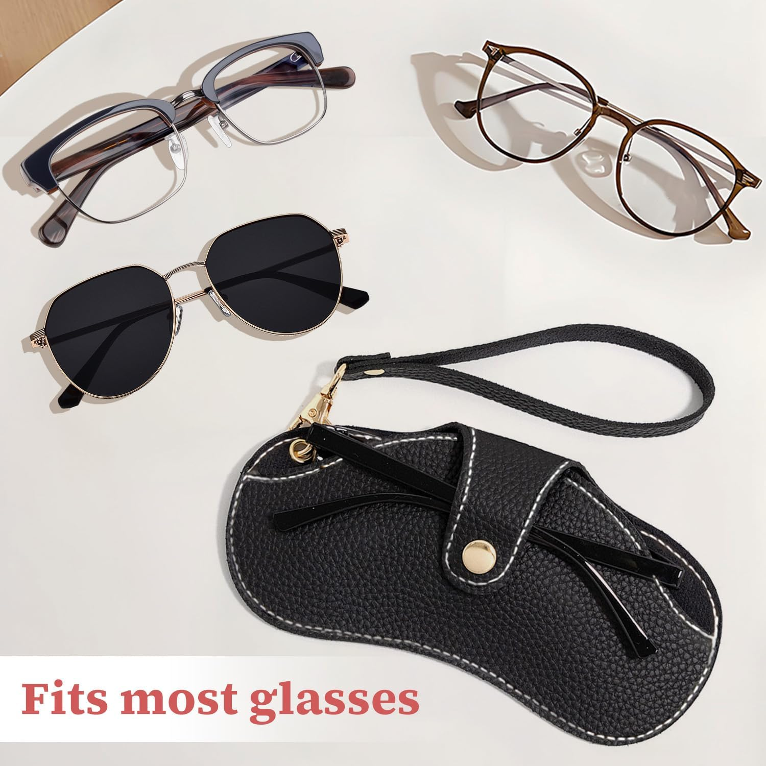 TORMEN Portable Soft Leather Sunglasses Case,Glasses Case Holder Portable with Keychain Hook,Lightweight,Slim, Metal Snap Closure, Versatile Eyeglass Pouch for Types of Glasses