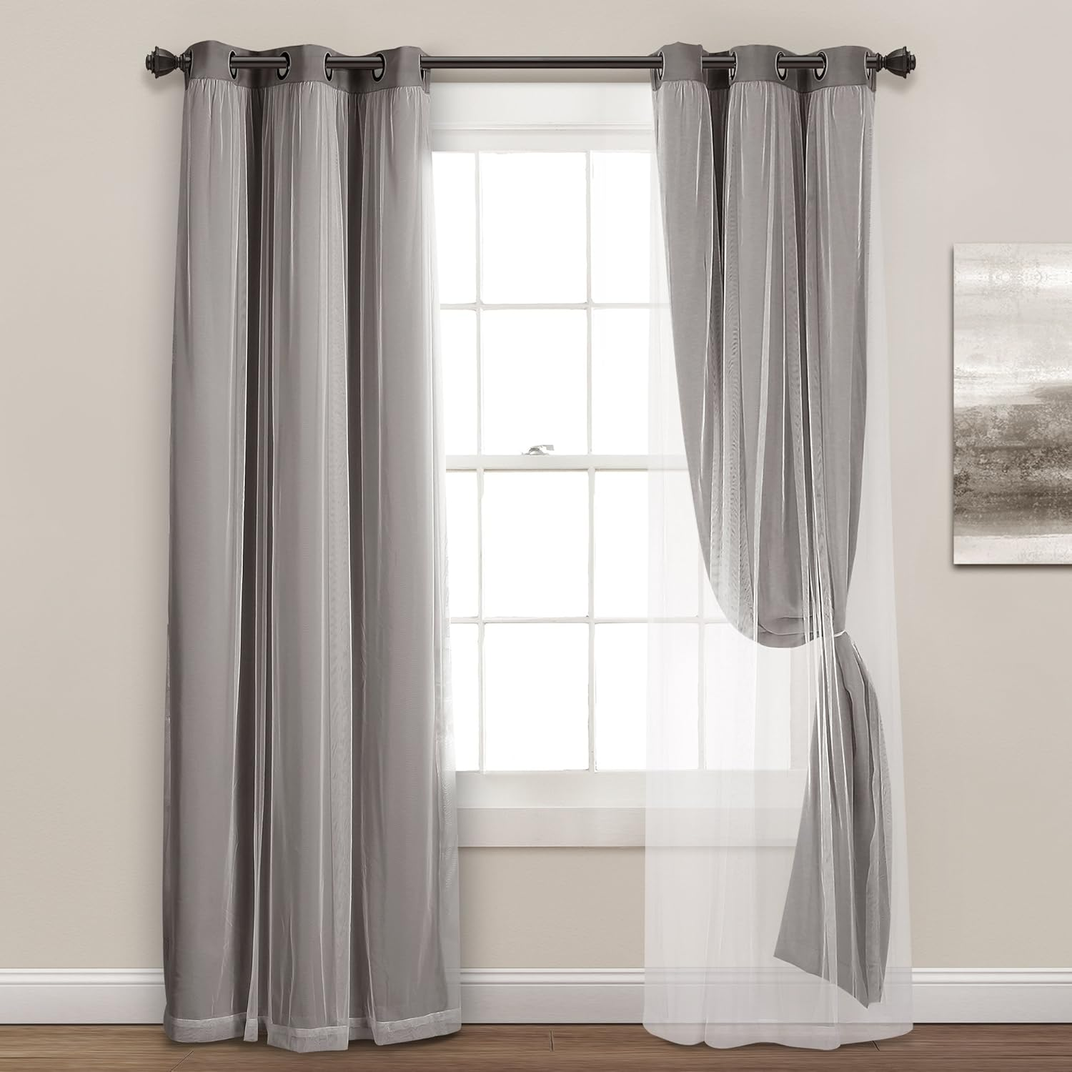 Lush Decor Sheer Grommet Curtains Panel with Insulated Blackout Lining, Room Darkening Window Curtain Set (Pair), 38" W X 84" L, Dark Gray image number 3