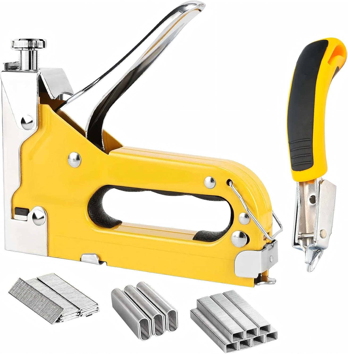 Staple Gun for Wood 3 in 1 Upholstery Staple Gun with 3000 Staples Manual Heavy Duty Staple Gun with for Furniture, Carpet, Carpentry, DIY, Wire, Decoration Yellow