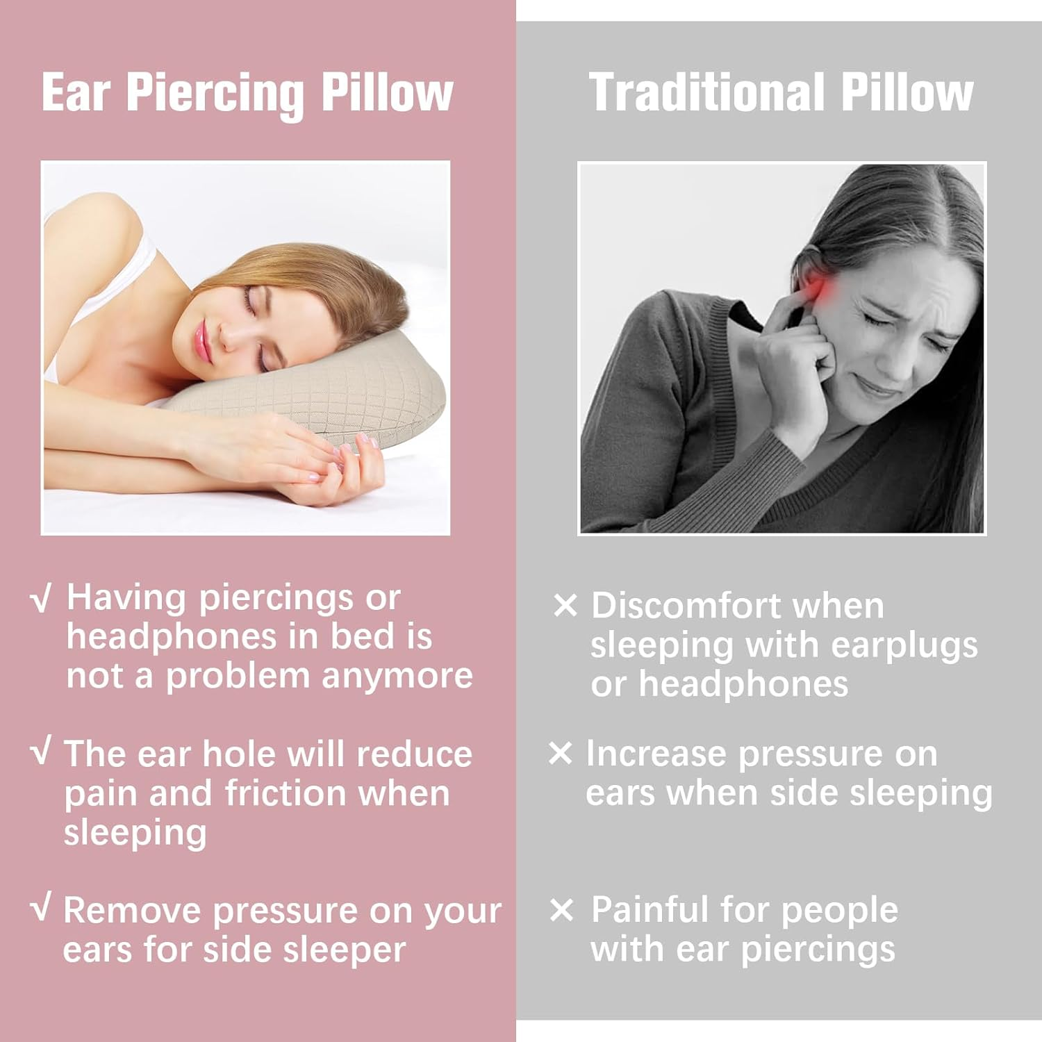 Roamready Ear Piercing Pillow for Side Sleepers, Ear Pillows with Holes for Pain, Earring Inflammation Pressure Sores, Cotton Earring Pillow for CNH Side Sleepers image number 1