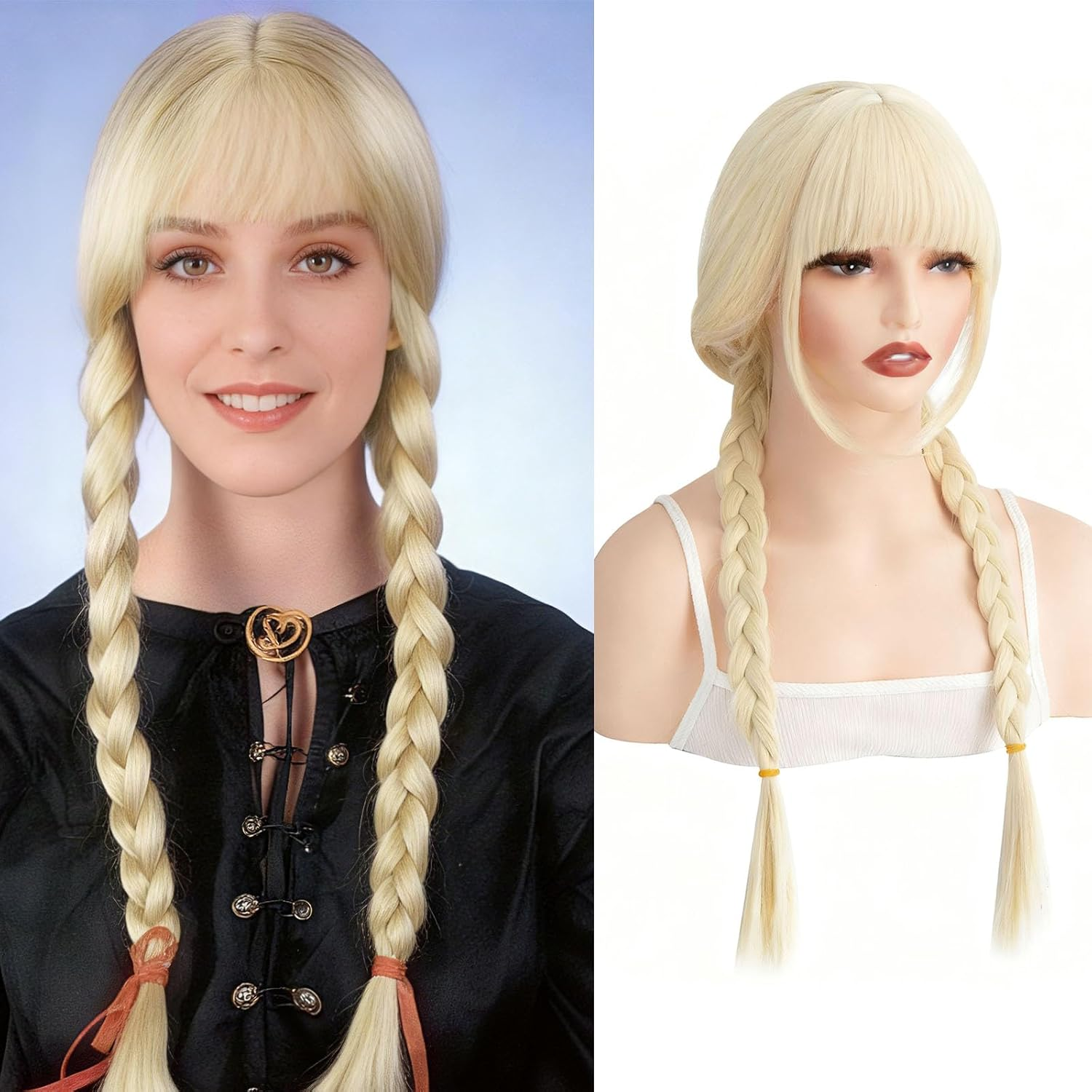 Luxiremi 26 Inch Long Blonde Braided Wigs for Women and Girls for Fancy Dress for Wednesday Addams Halloween Costume Cosplay Wig image number 5