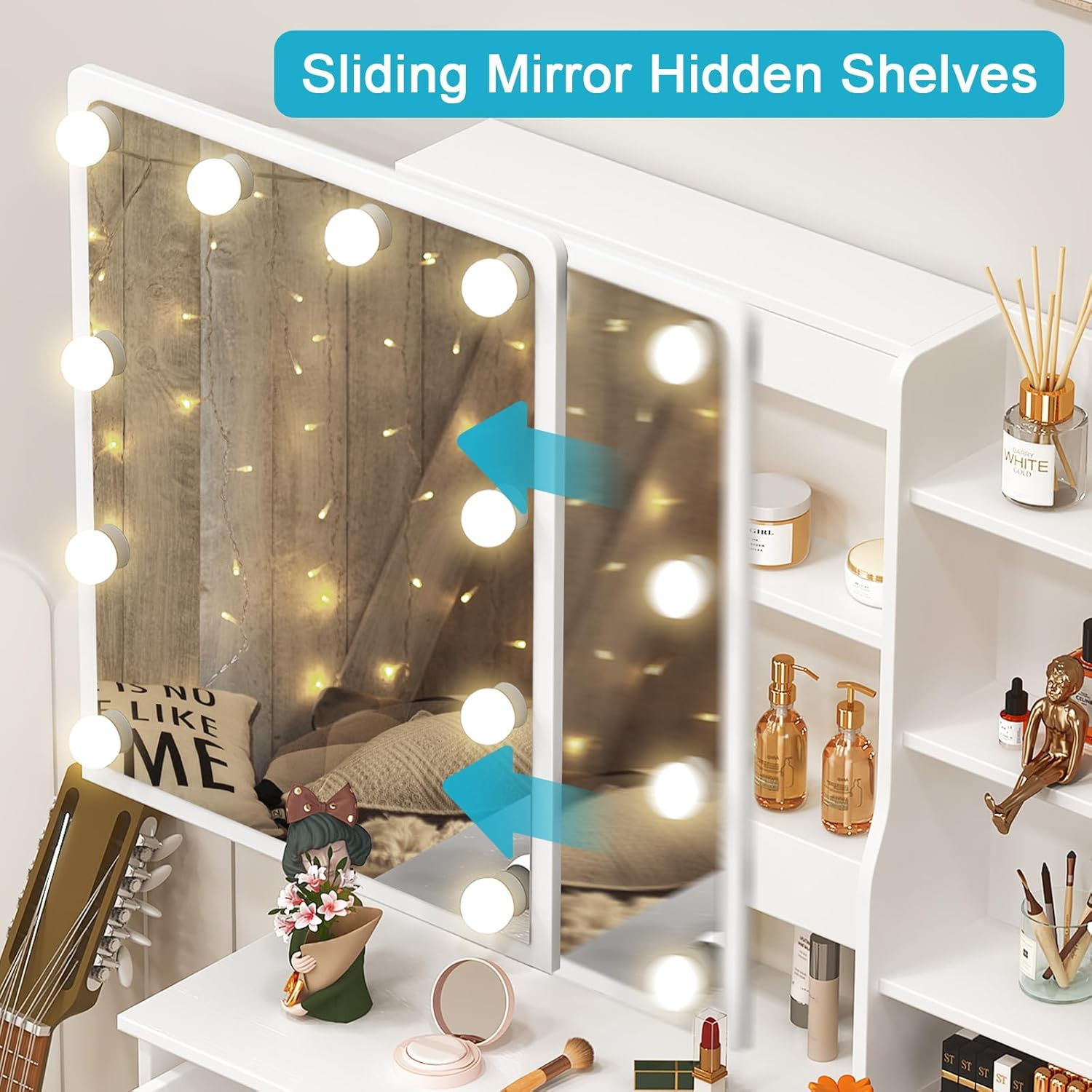 Makeup Vanity Desk with Lights, White Dressing Table with Sliding Lighted Mirror, Small Vanities Makeup Table with Storage 4 Drawers 7 Shelves, Teen Girls Vanity for Bedroom, Golden Knobs image number 1