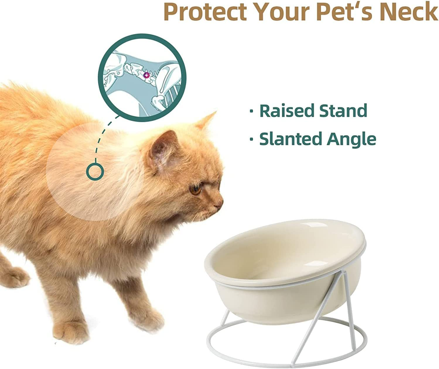 HUIRUMM Ceramic Cat Bowl,Ceramic Raised Cat Dishes,Cat Bowl Elevated, Raised Cat Food Bowl,20 Ounces Pet Food or Water Bowls with Metal Stand,Tilted Cat Dish for Food and Water,No Spill (White) image number 4