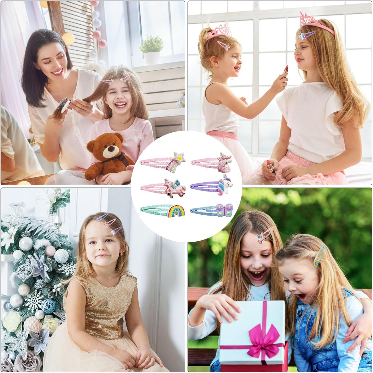 Pack of 16 Hair Clips Girls, 4 Pieces Mini Colourful Hair Scrunchies, 6 Pairs / 12 Pack Unicorn Hair Clips for Girls, Hair Clips Children Multicoloured, Unicorn Hair Accessories Girls for Hair