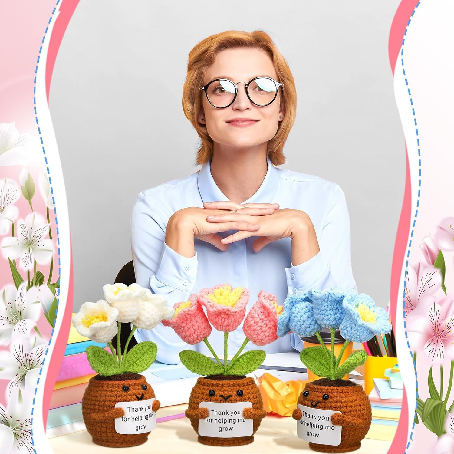 3 Pcs Teacher Appreciation Gifts, Crochet Doll with Card Thank You for Helping Me Grow Teacher Thank You for Birthday Home Office Decor(Bell Orchid) image number 3