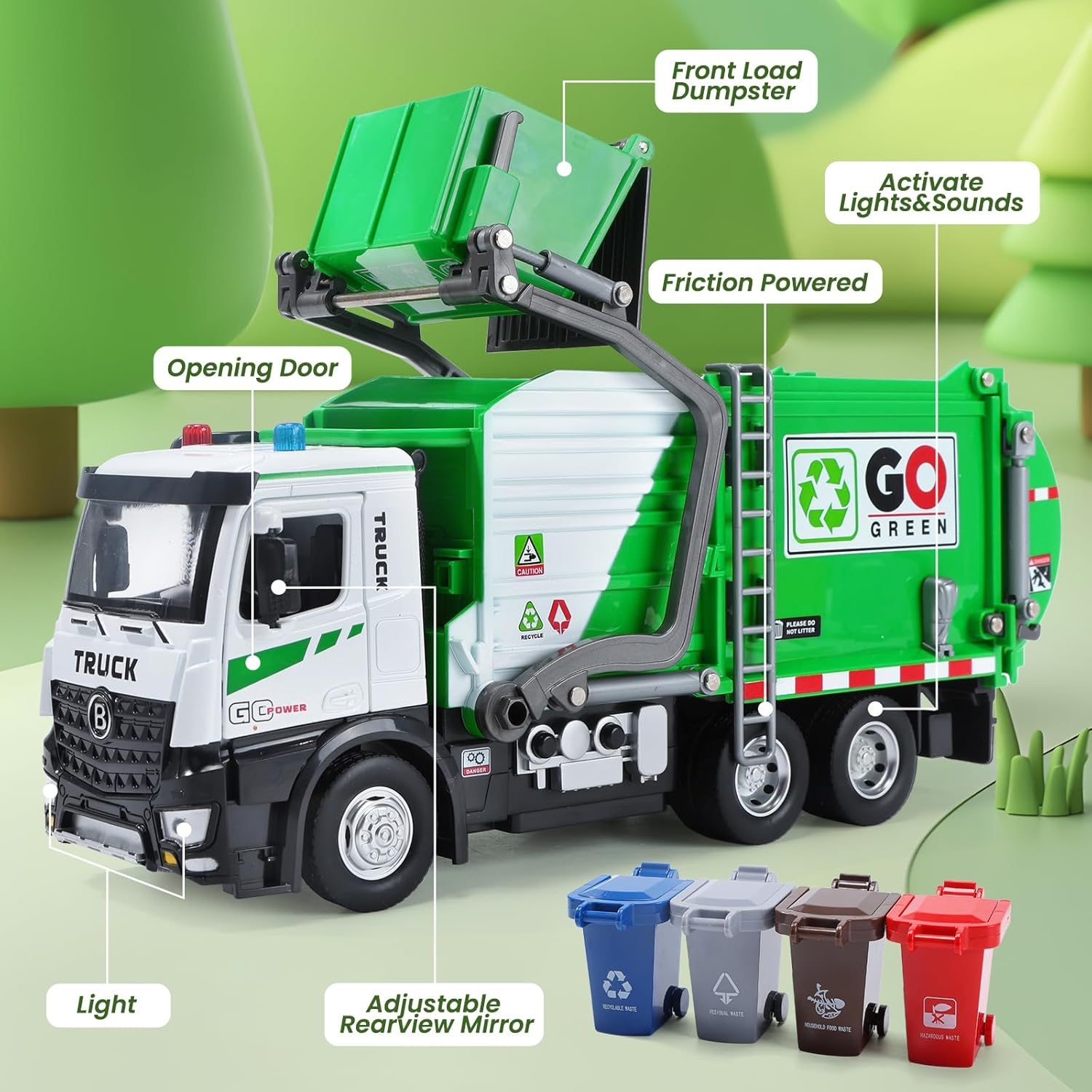HOLYFUN 12'' Electric Garbage Truck Set with Lights & Sounds, Front Loader, Metal Cab, Friction-Powered Vehicle Cars with Dumpster, 4 Trash Bins & Sorting Cards, Play Truck Toy Kids Toddlers image number 5