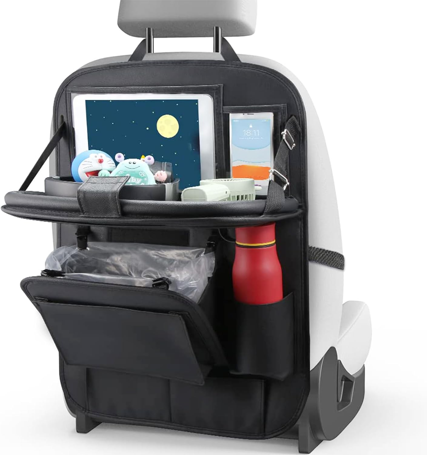 Car Back Seat Organizer with Tray, PU Leathr Backseat Table Holder Storage Bag for Kids Travel Trip, Universal Foldable Seat Back Kick Mat Playmat Stand for Toys, Book, Food, Ipad, Tissue,Etc image number 4