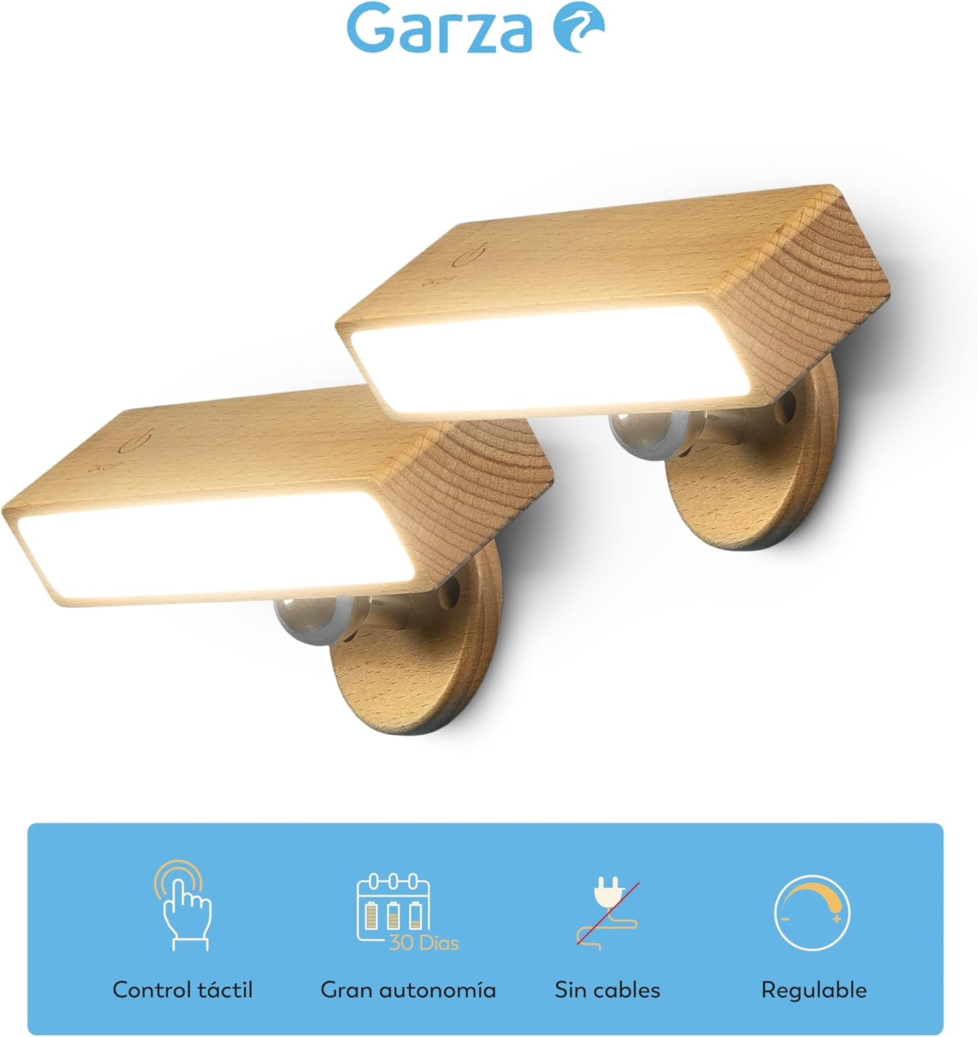 Garza - Vega Portable LED Wall Light, 2 W, 240 Lm, Dimmable Light 4000 K, 3000 Mah Battery up to 30 Days, USB-C, Wireless Installation, Light Wood Design, 1 + 1 Pack image number 3