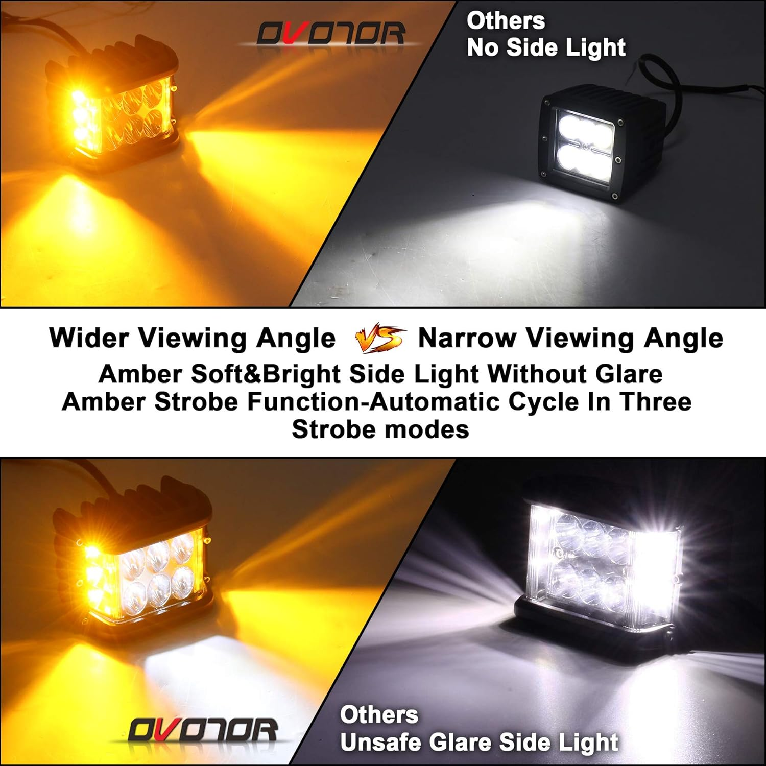 OVOTOR Side Shooter, LED Pods Light 4 Inch off Road Dual Side Yellow DRL with Flash Strobe Function Driving Flood Spot Cube Work Light Bar for Jeep Truck ATV Boat image number 1