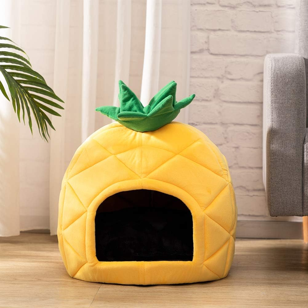 Hollypet Cozy Pet Bed, Warm Cave Nest Sleeping Bed Pineapple Shape Puppy House for Cats and Small Dogs, Yellow image number 1