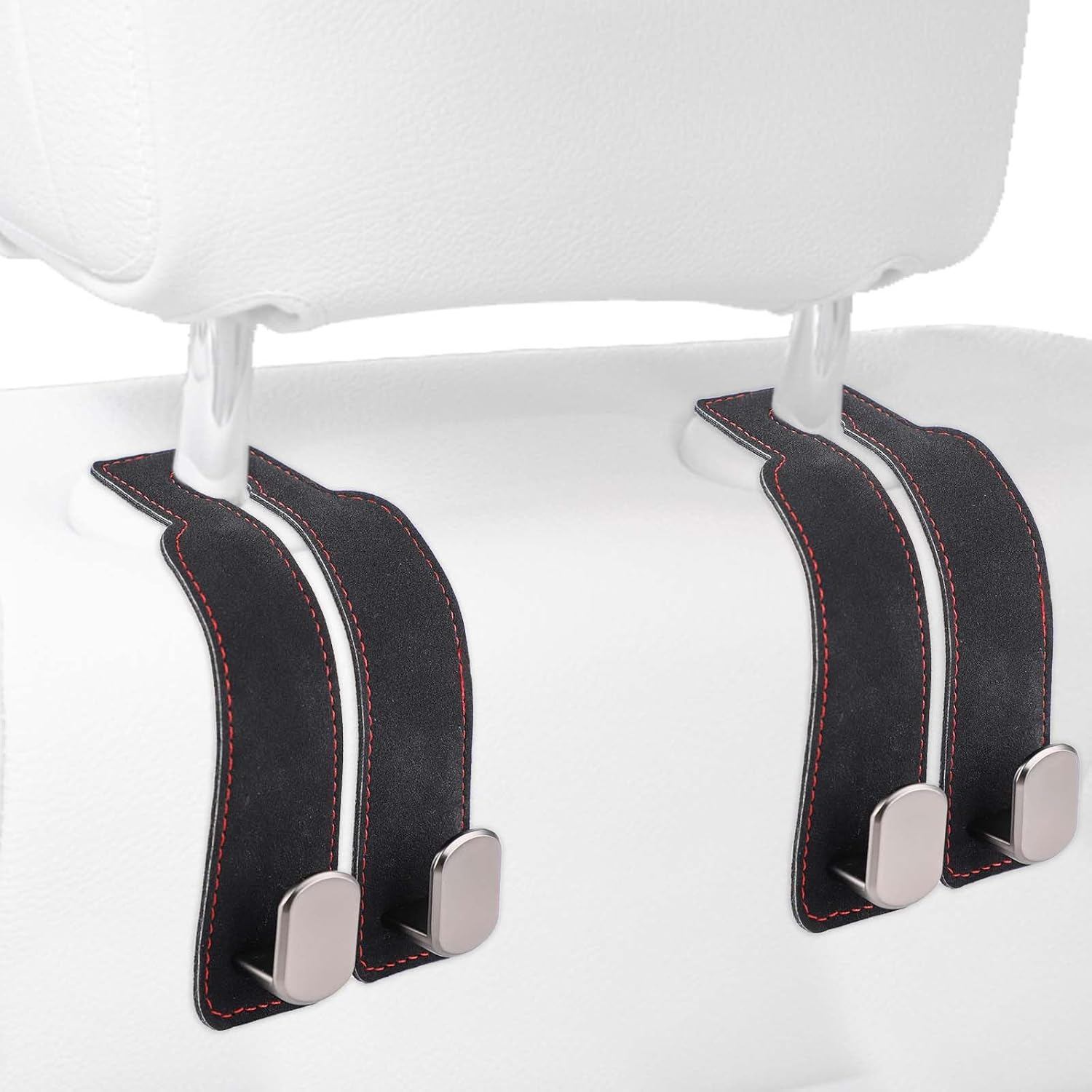PEUTIER 2Pcs Car Headrest Hooks, Suede & Oxford Cloth with Galvanized Metal, Minimalist Car Seat Organizer Hooks for Purse, Umbrellas, Bags (Black)