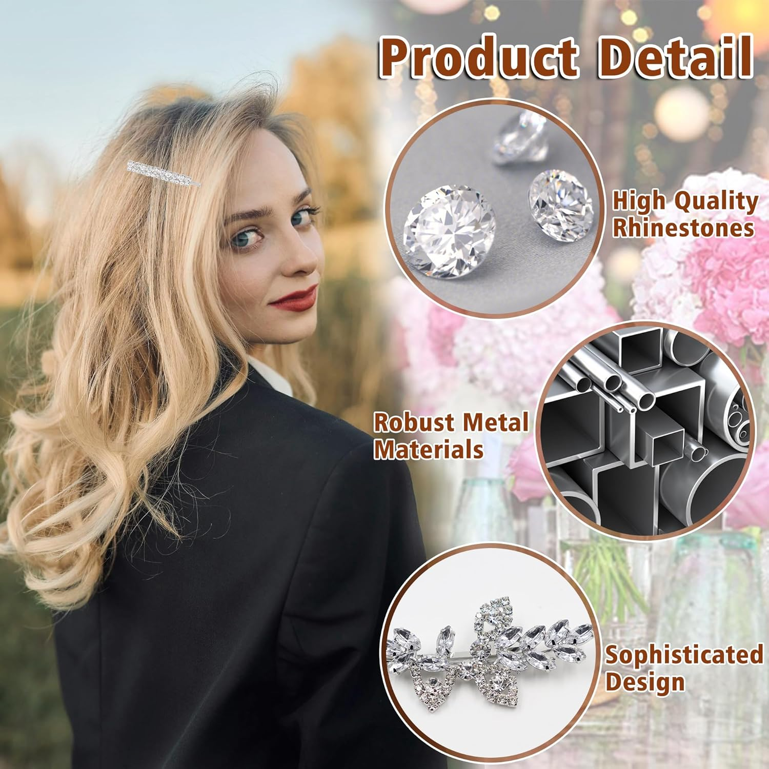 6PCS Rhinestone Hair Clips for Women, Flower Rhinestone Hair Clip, Wedding Elegant Rhinestone Barrettes for Women, Crystal Leaf Hair Accessories(Silver, 3 Styles) image number 6
