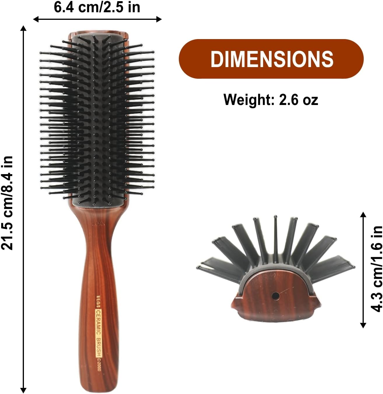 Vess C-2000 Professional Hair Brush Tourmaline Ceramic 9 Row round Tip Curved Pad Anti-Static Natural Rubber Specialized Pin Structure