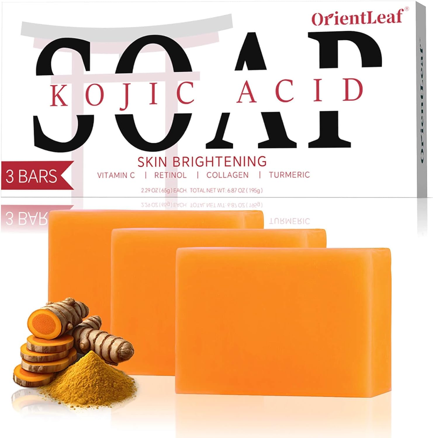 ORIENTLEAF Kojic Acid Soap, Turmeric Soap Bar, Fresh Citurs Scent, Gentle for Face and Body with Vitamin C, Shea Butter, Retinol, Olive Oil, Collagen (3 PACK)