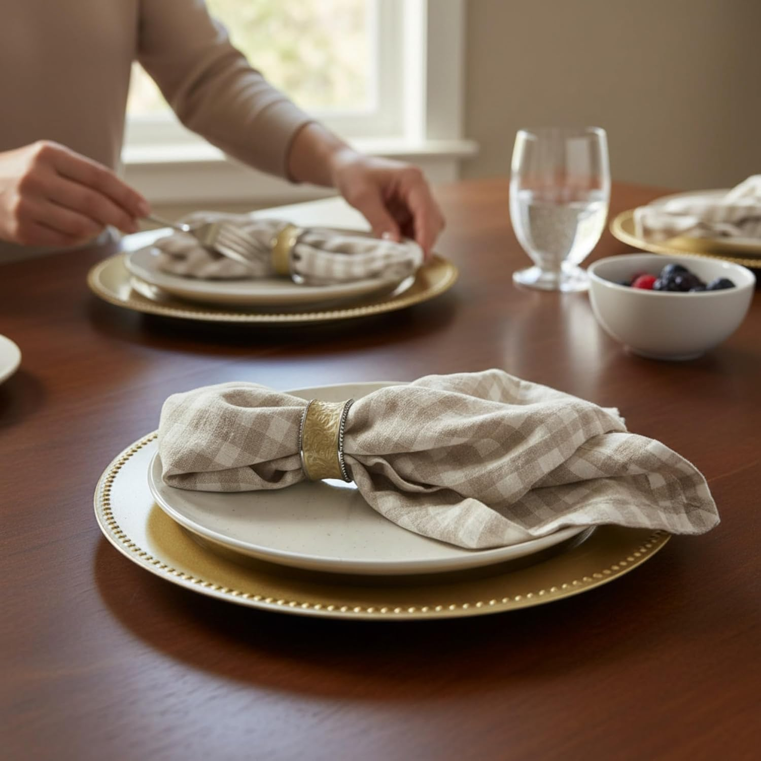 Linen Napkins &ndash; 100% French Flax &ndash; Stonewashed Pure Linen Cloth Napkins &ndash; Mitered Corners &ndash; Size 50 Cm X 50 Cm - Set of 4 (Natural Check) image number 2