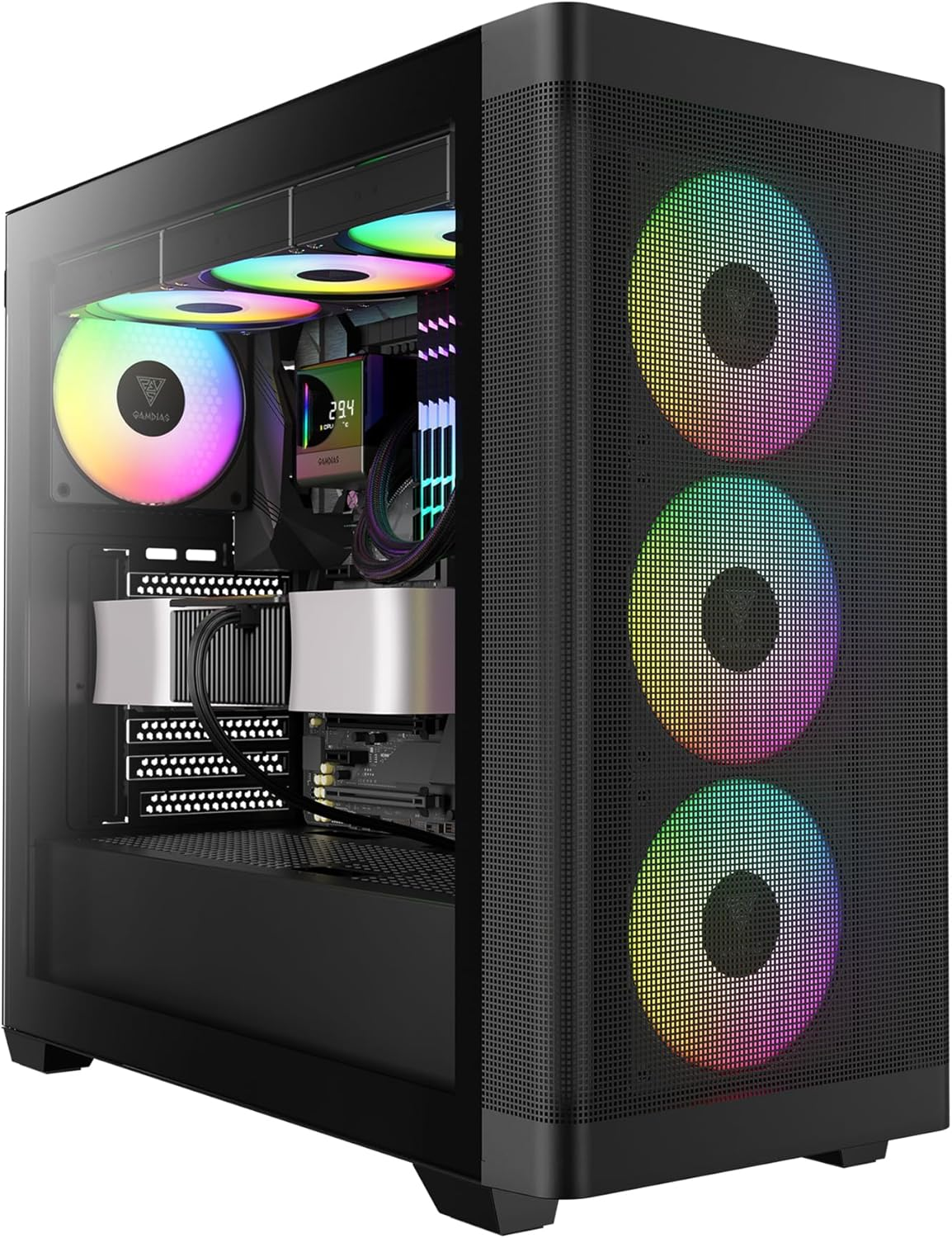 GAMDIAS ATX Mid Tower Computer Case Tempered Glass, Gaming PC Case Support Dual 360Mm Aio/Radiator, 7X120Mm Case Fans (4X 120Mm Built-In), 420Mm GPU/VGA, USB3.0X 2, Type C X1, 170Mm CPU Cooler image number 1