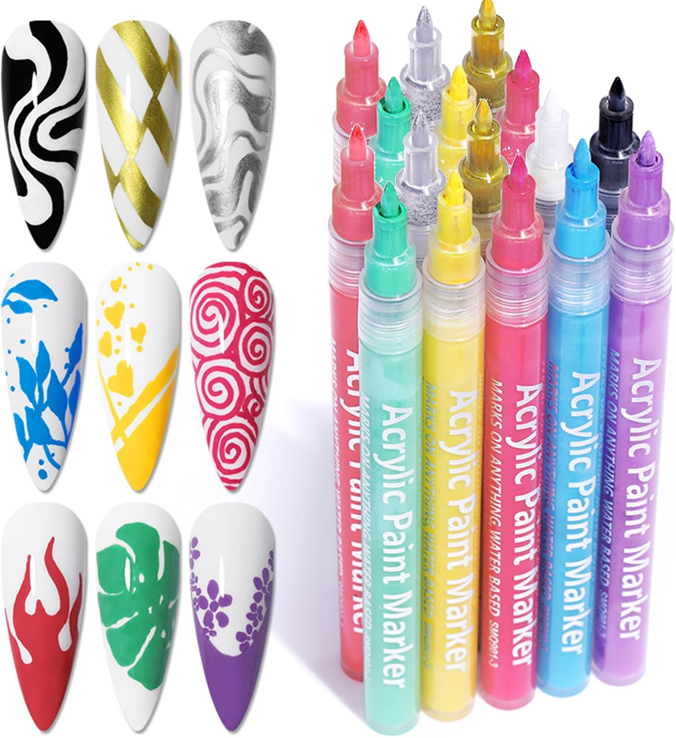 Dynaeuty 3D Nail Art Pens Set, 18 Colours, Quick Drying Acrylic Paint, Dotting Tools for Nail Design (Multicolor#A)