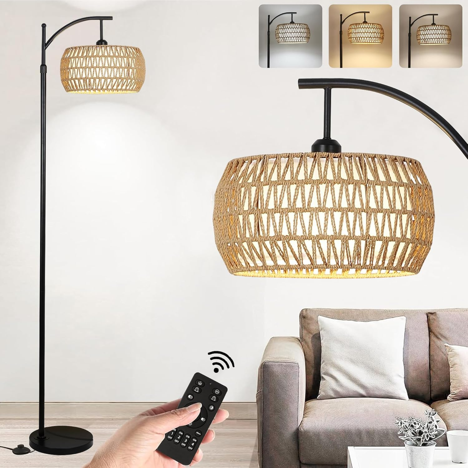 TUXOIUBA Smart Floor Lamp with Rattan Shade, 165-185Cm Adjustable Height, Remote & App Control, Dimmable LED with Timer image number 2