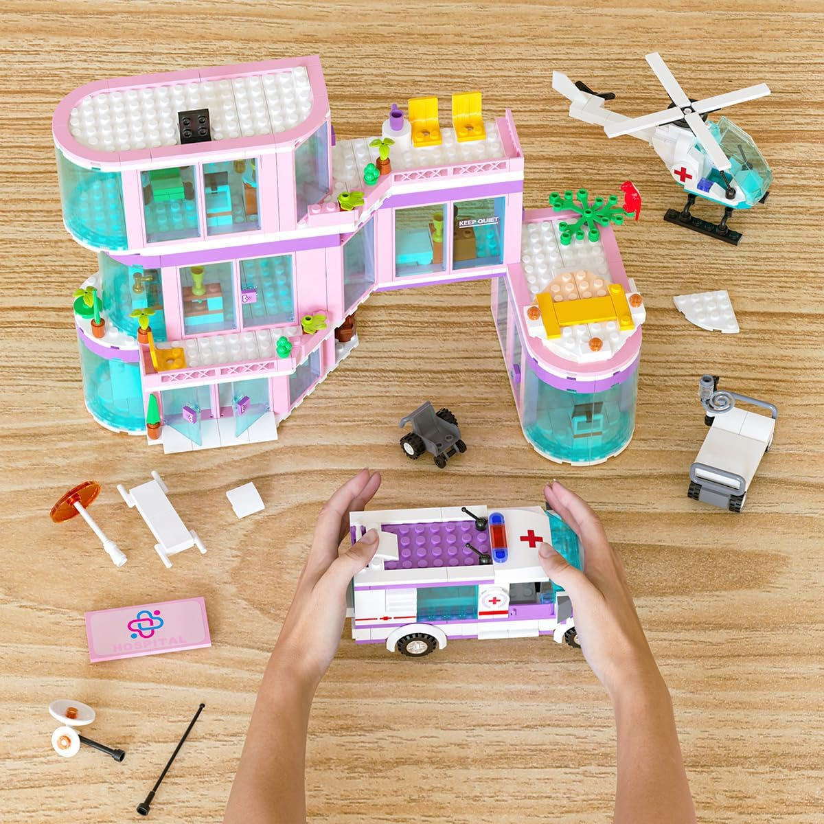 Toy Player Pink Girls City Hospital Building Block Set, Compatible with , Includes Rescue Helicopter, Trailer and Carrier, STEM Gifts for 6-12+ Years Old Boys Girls (791 Pieces)