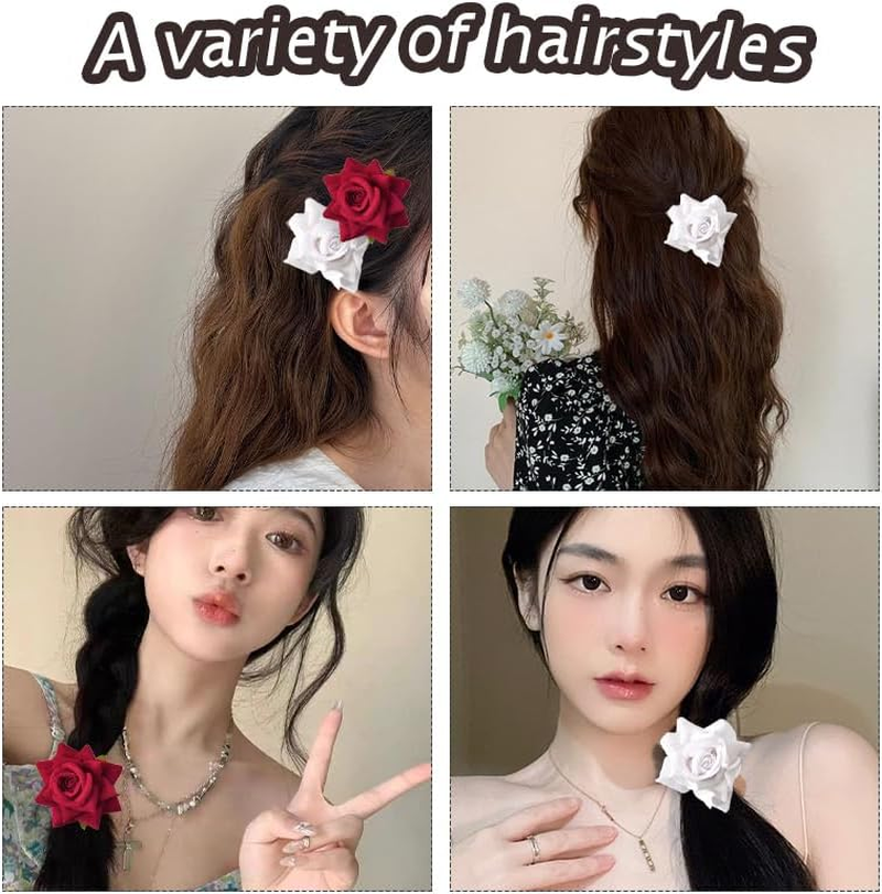 Elegant Floral Hair Accessories for Women Rose Hair Clip with Duckbill Hairpins Perfect Hairclips for Bridesmaids Flower Girls Weddings Birthday Parties Hair Accessory Red & White image number 3
