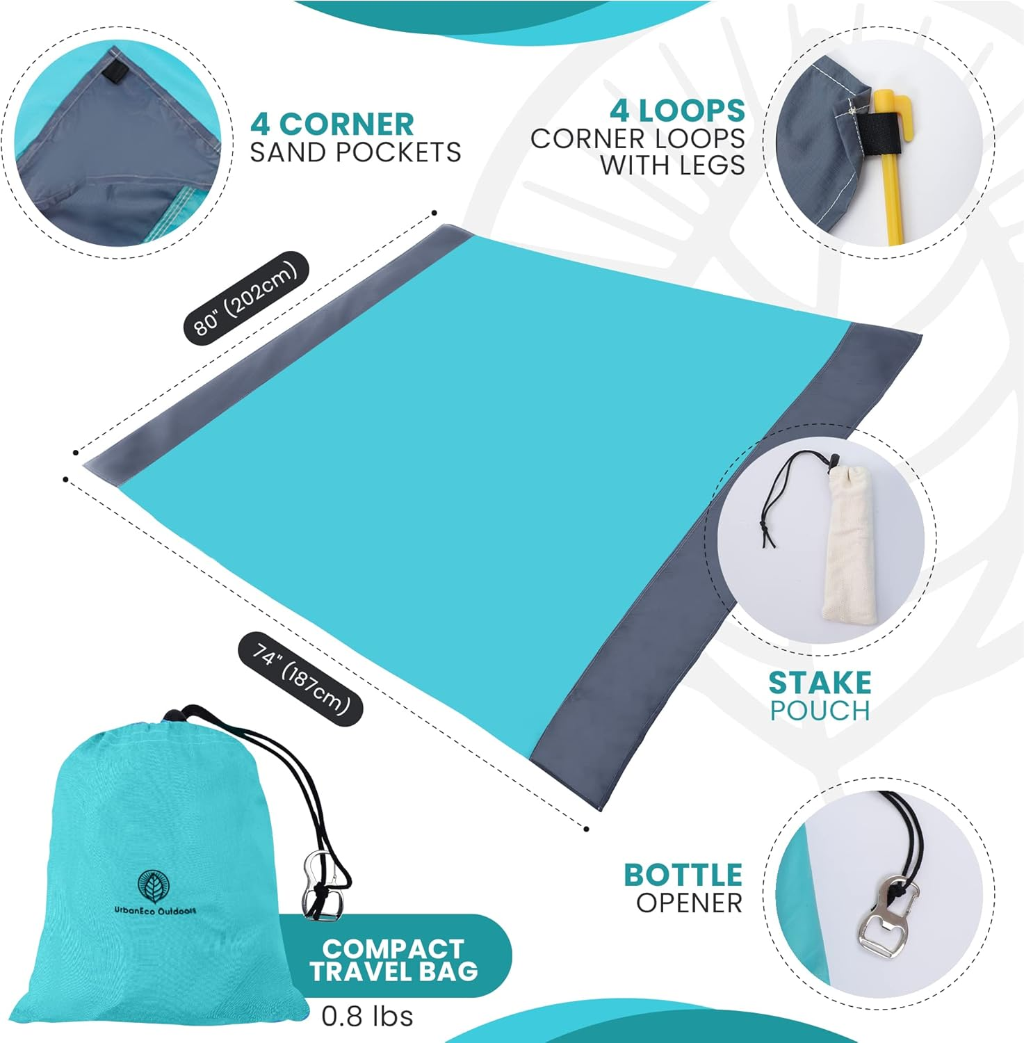 Beach Blanket Waterproof Sandproof - 80&rdquo;X74&rdquo; Beach Mat Sand Free Waterproof - Outdoor Picnic Blankets Beach Accessories Essentials with Durable Bottle Opener Compact Bag, Stake & Pouch (Green Gray) image number 6