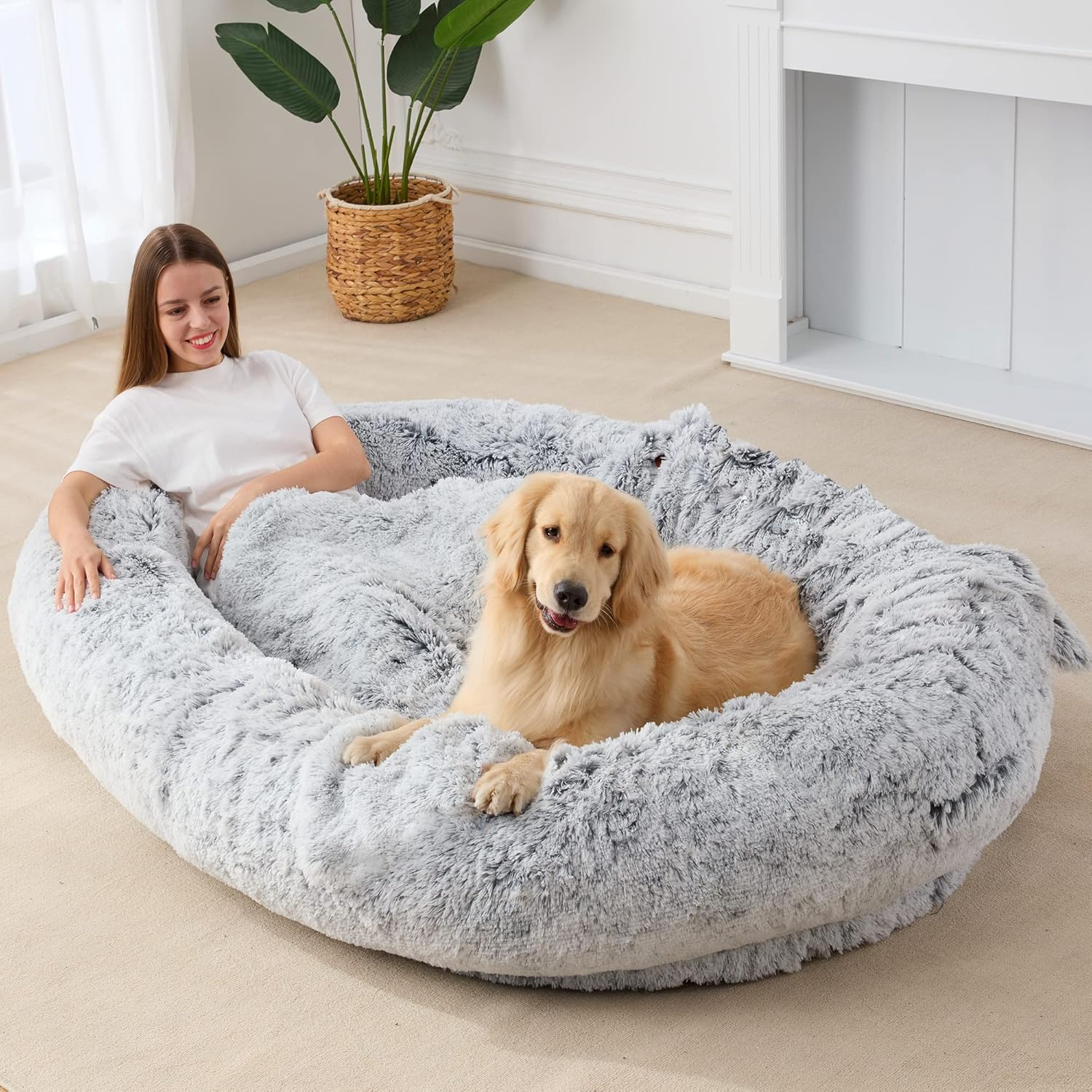 Homguava Large Human Dog Bed 75.5''X55''X12'' Bean Bag for Humans Giant Beanbag with Blanket People, Families, Pets (Grey Plush)