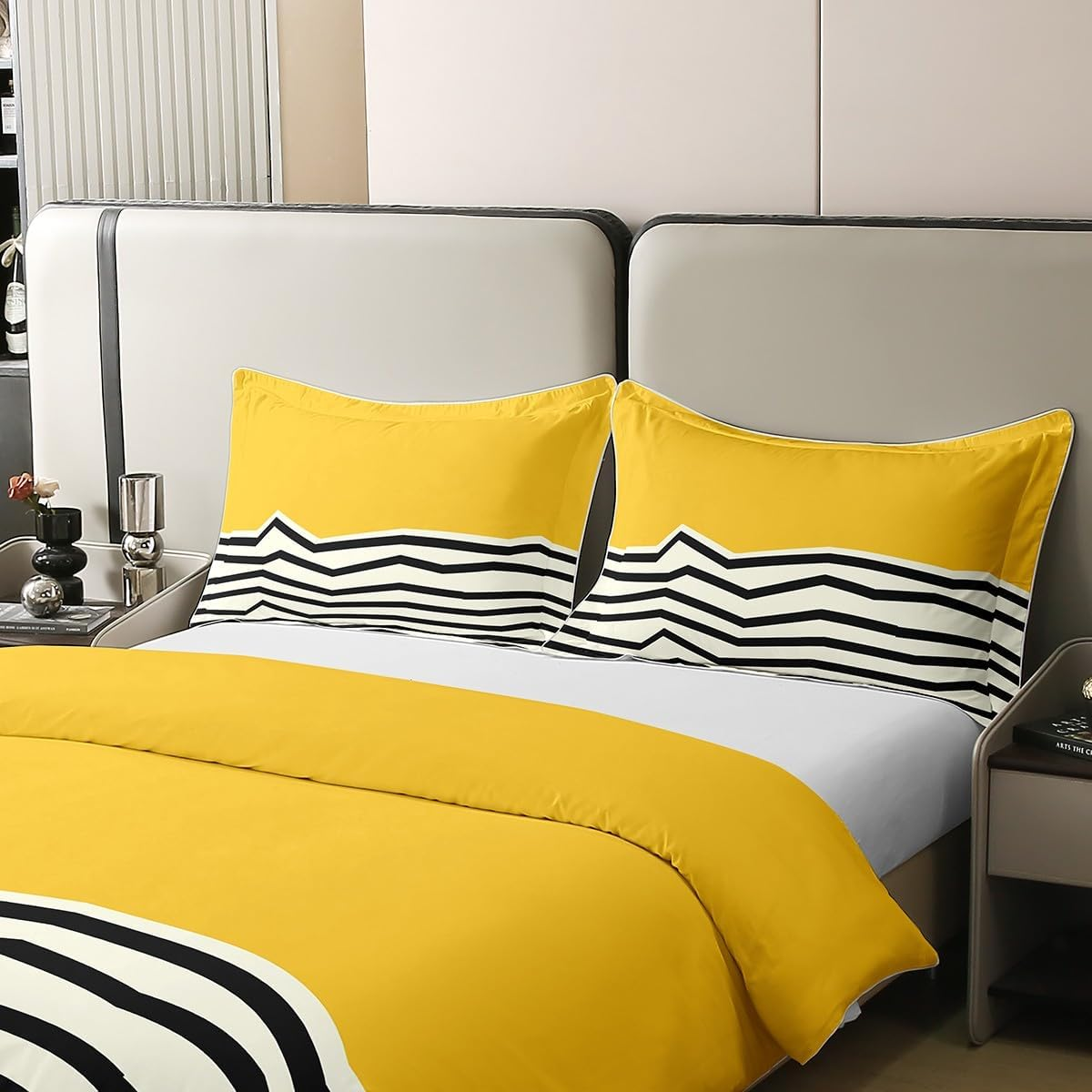 Geometric Minimalist 100% Cotton Duvet Cover 220 X 240 Cm for Children Adults Yellow Beige Bed Linen Set, Boho Simple Black Striped Comforter Cover, Modern Abstract Zigzag Lines Bed Set image number 3