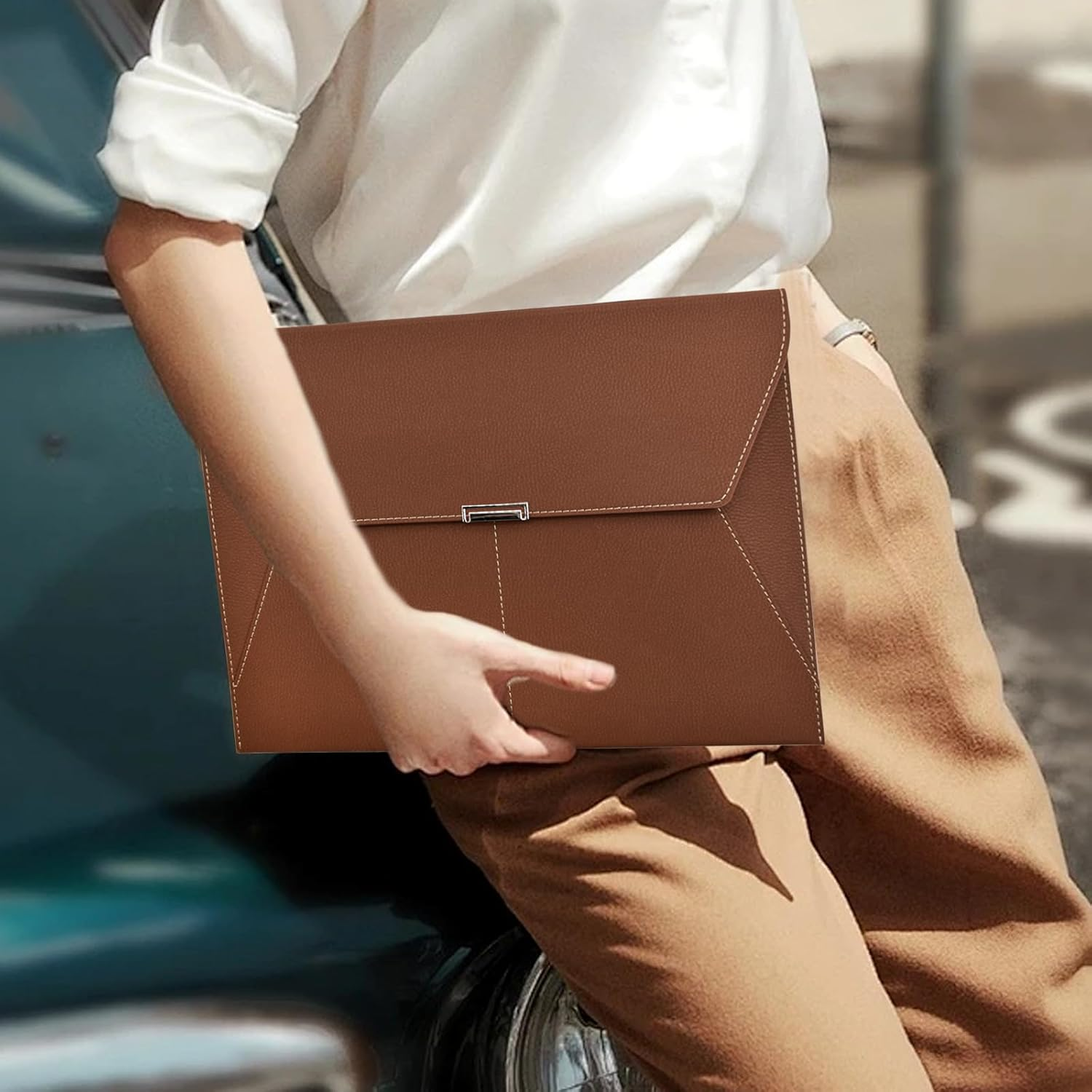 VANRA File Folder Document Holder Document Organizer Waterproof Portfolio Leather Folder Case with 3 Pockets, Filing Envelopes for A4 Letter Size Paper with Snap Magnetic Button Closure (Brown) - Gray image number 5