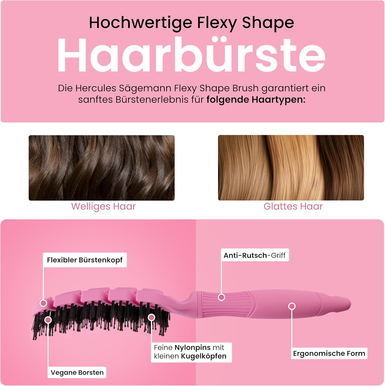HERCULES S&Auml;GEMANN - Flexy Shape Brush (Wide) | Hair Brush for Extra Gentle Detangling Hairbrush with Ergonomic Handle with Vegan Bristles and Nylon Pins for Healthy Hair | Colour: Soft Pink image number 2