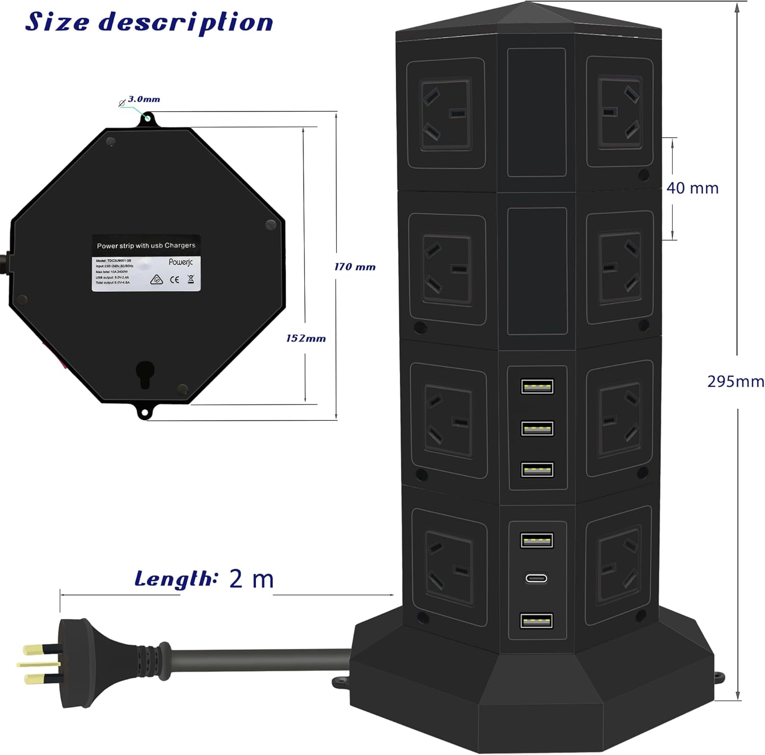 Tower Power Strip USB Surge Protector Socket 16 AC Outlets with PD USB C Ports 40W Chargers 2M Long Extension Cord SAA Certified Black image number 3