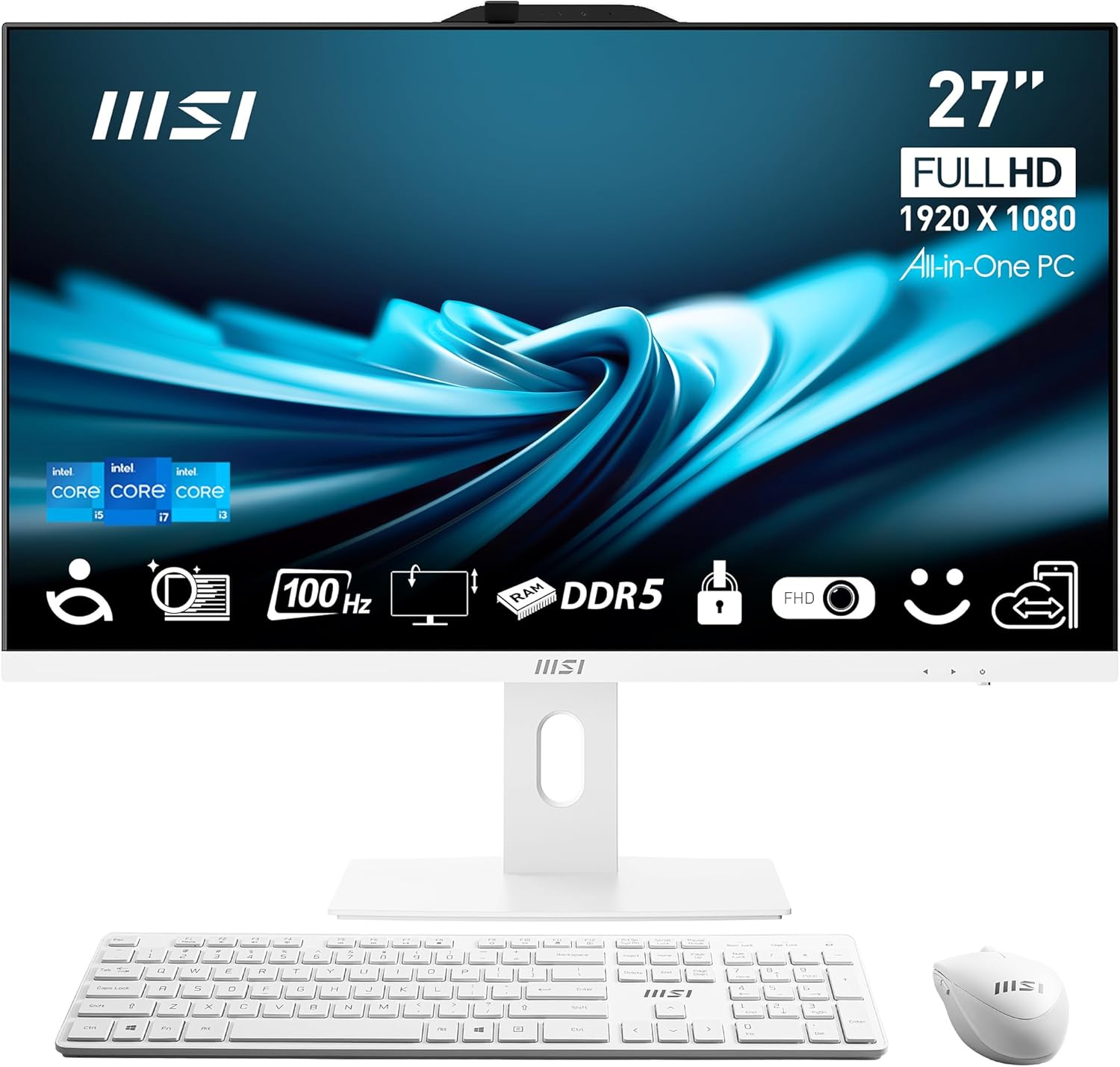 MSI PRO AP272P 14M-491AU 27" All in One Desktop PC, FHD, IPS, Intel Core I5-14400, 16GB DDR5 RAM, 512GB M.2 SSD, WIFI6E BT5.3, Win 11 Home, Webcam, Height Adjustable, Wireless KBM, White image number 1