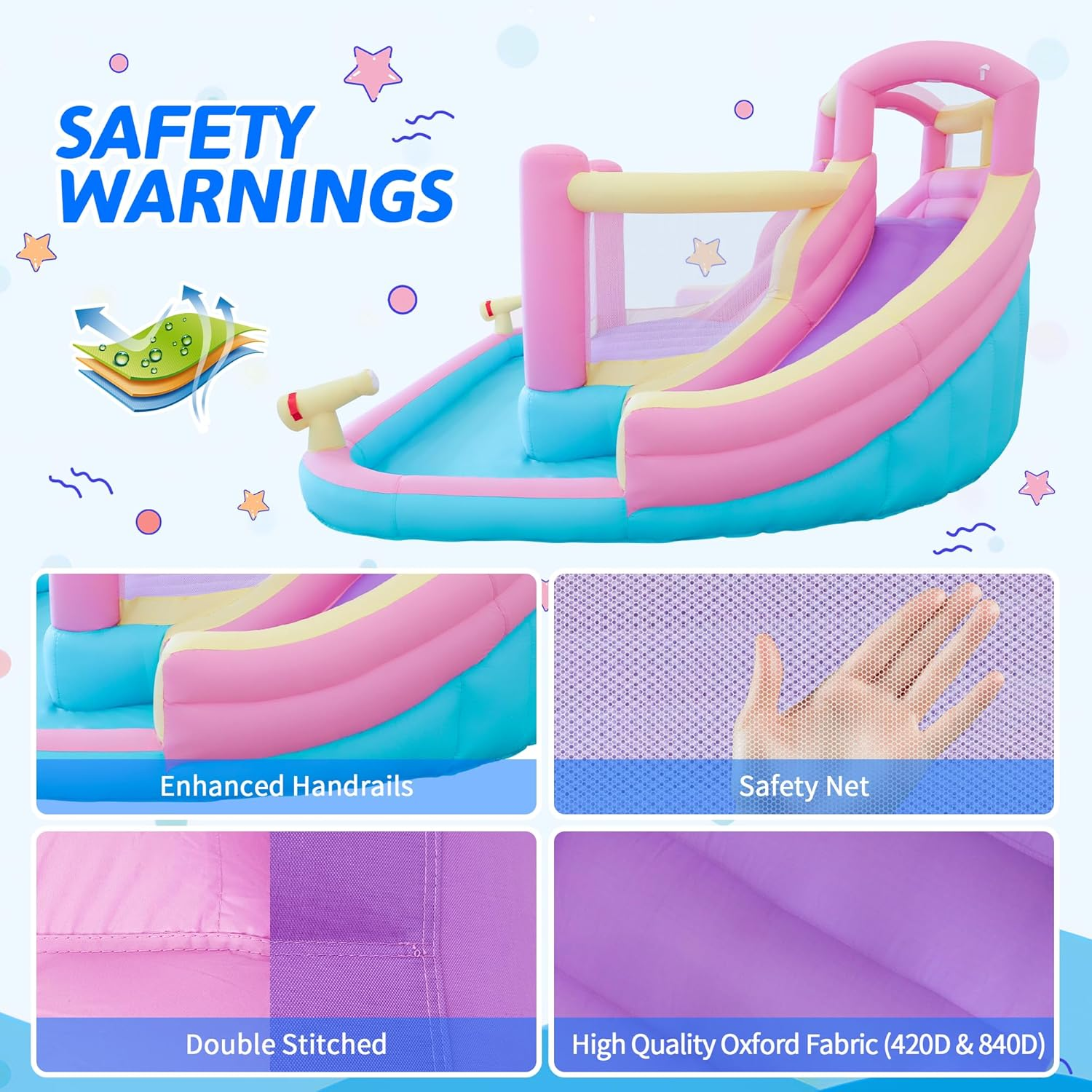 Inflatable Water Park with 2 Blow up Water Slides, 370 X 314 X 185 Cm Kids Water Park with Basketball Rim, Climbing Wall, Splash Pool, 2 Water Cannons and Blower image number 2