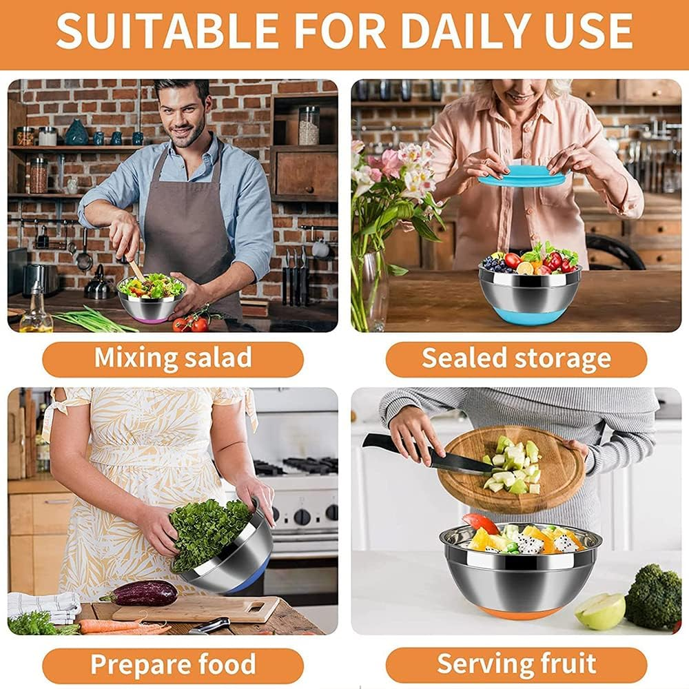 Mixing Bowls with Airtight Lids, 5-PCS Stainless Steel Bowls Set, Non-Slip Bottoms, Size 1.23/1.76/2.2/3/3.6QT, Great for Mixing, Baking and Serving image number 6